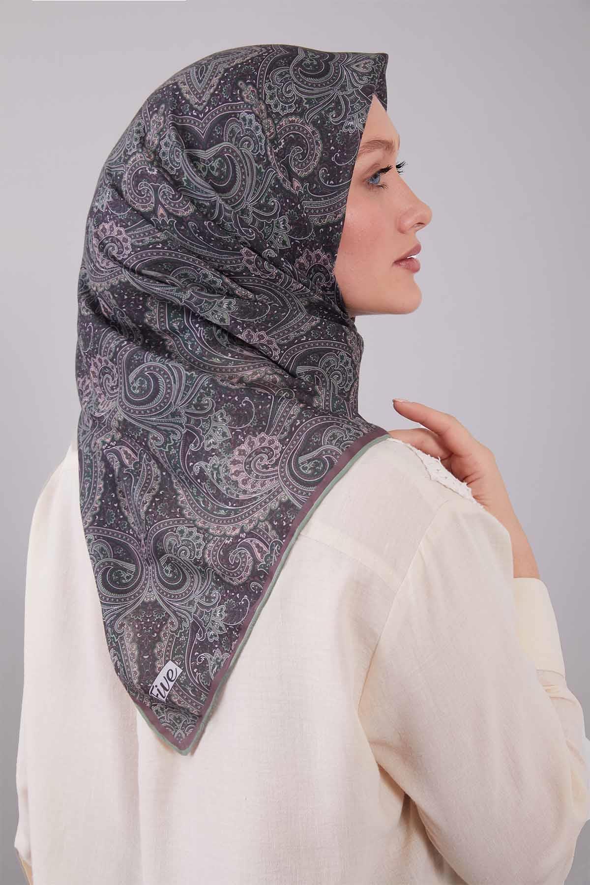 Fivescarf Yeşil Etnik Desen Silk Cotton Eşarp