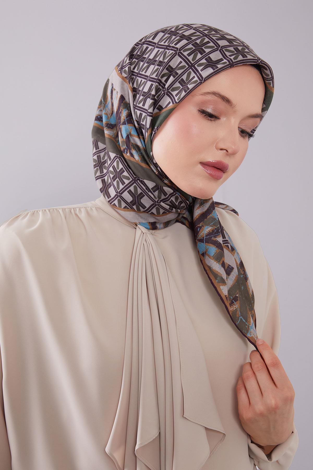 Fivescarf Yeşil Geometri Desen Silk Cotton Eşarp