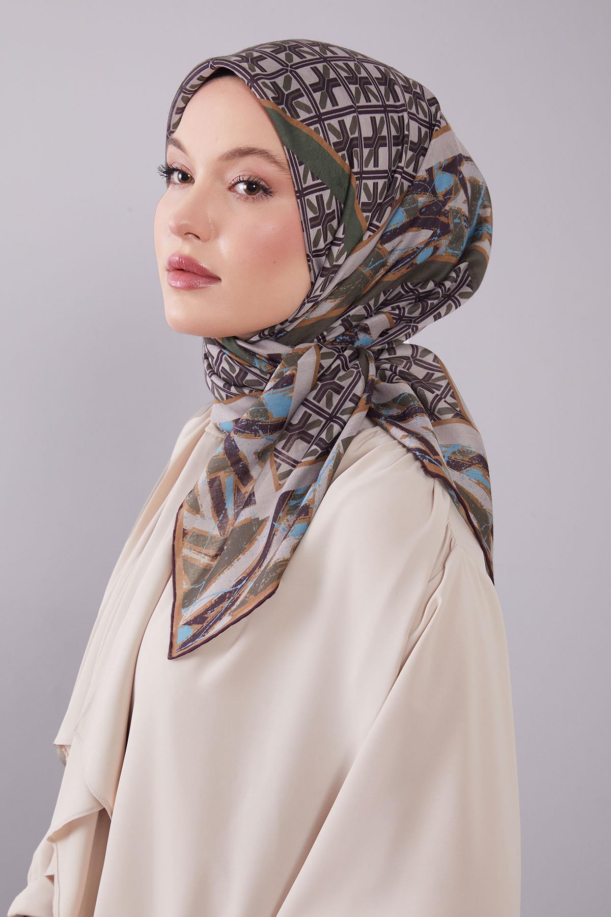 Fivescarf Yeşil Geometri Desen Silk Cotton Eşarp