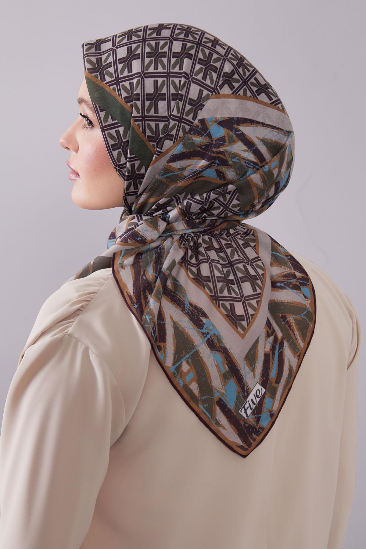 Fivescarf Yeşil Geometri Desen Silk Cotton Eşarp
