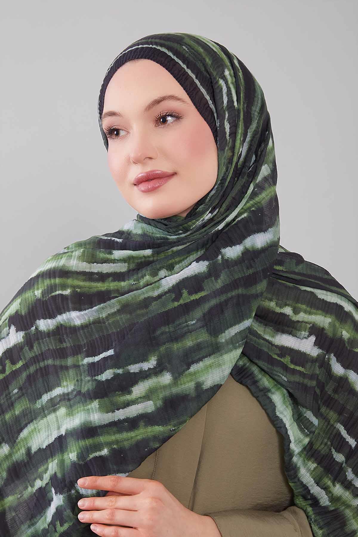 Fivescarf Yeşil Harmal Desen Müslin Cotton Şal