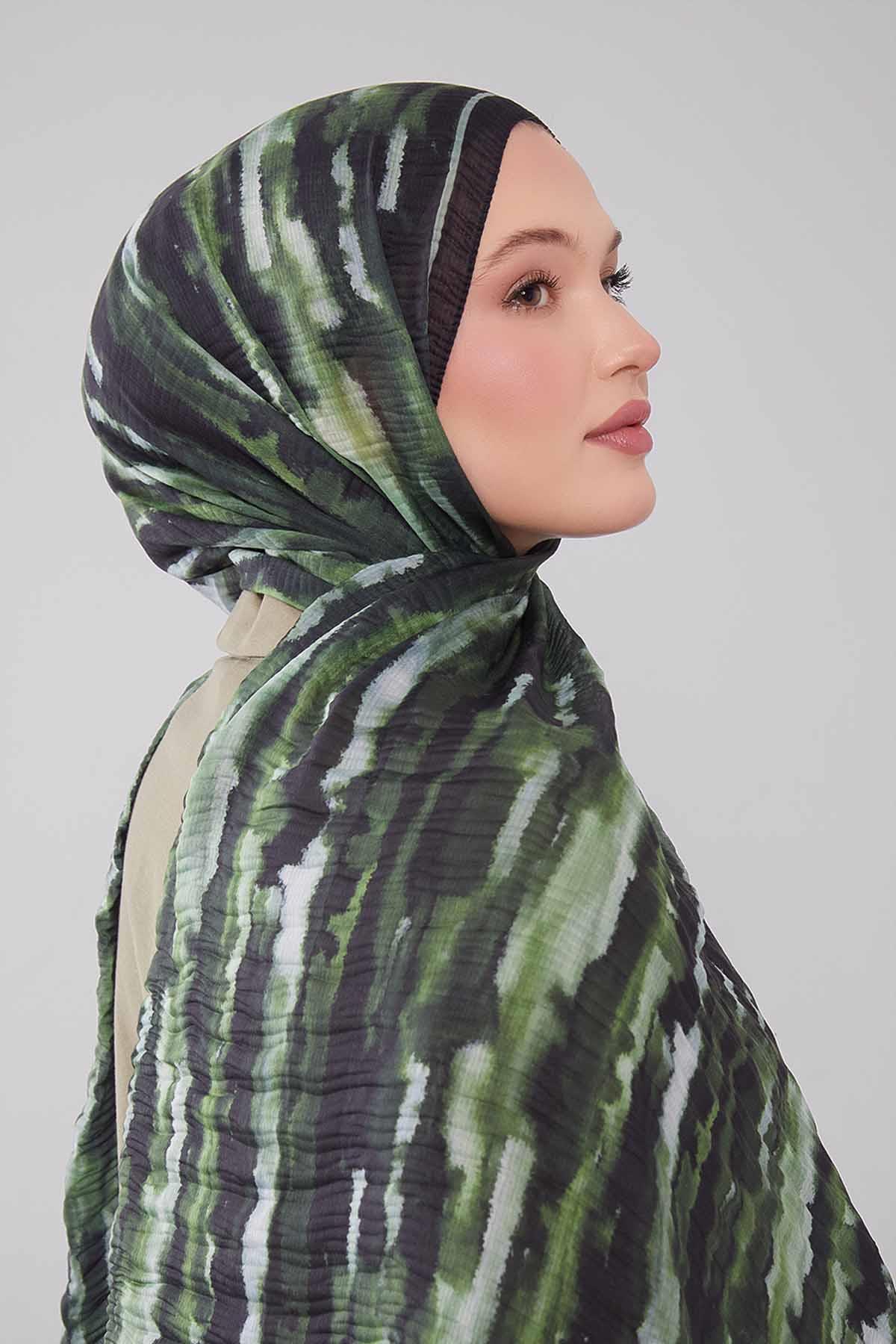 Fivescarf Yeşil Harmal Desen Müslin Cotton Şal