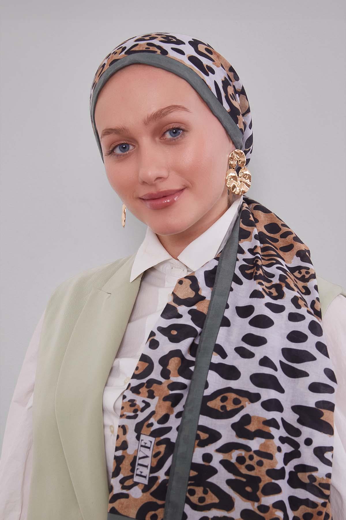 Fivescarf Yeşil Leopar Desen Silk Coton Eşarp