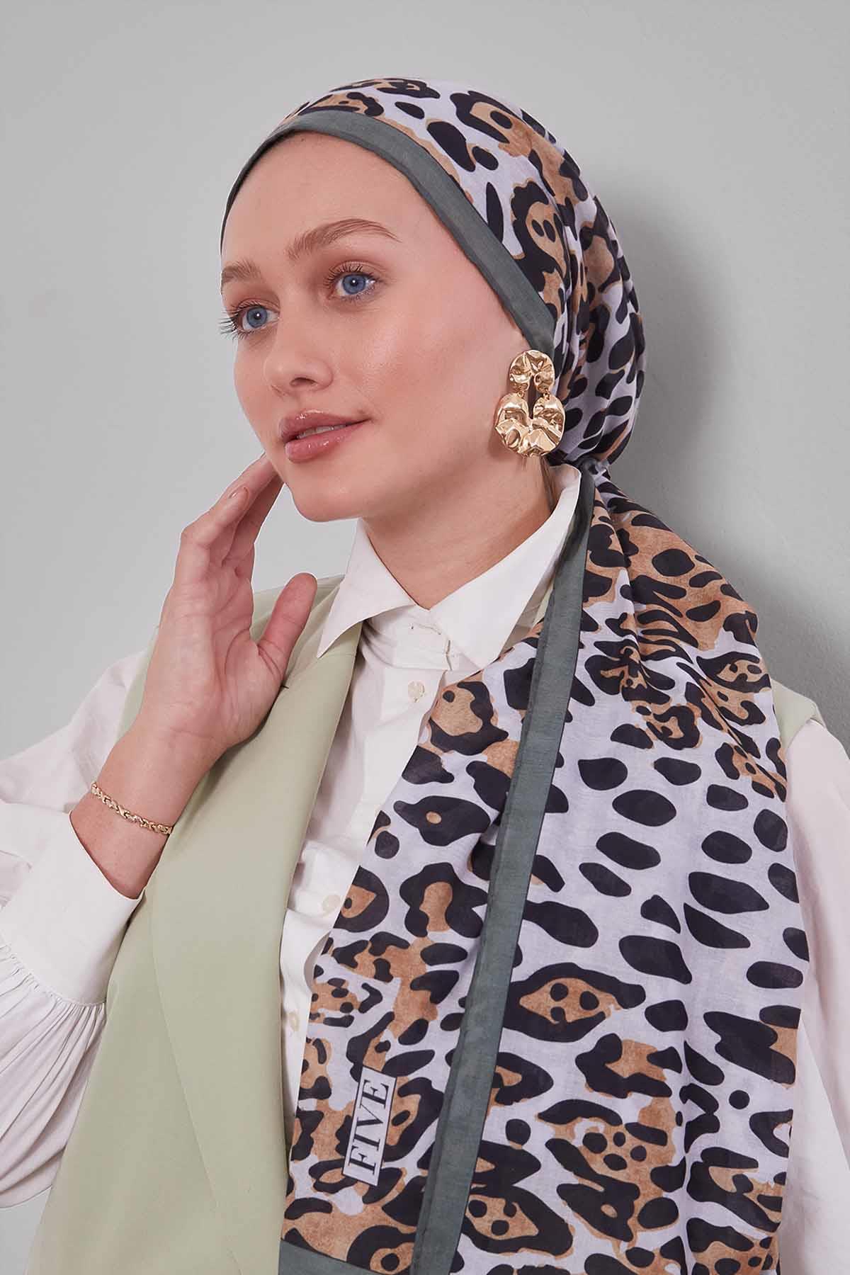 Fivescarf Yeşil Leopar Desen Silk Coton Eşarp