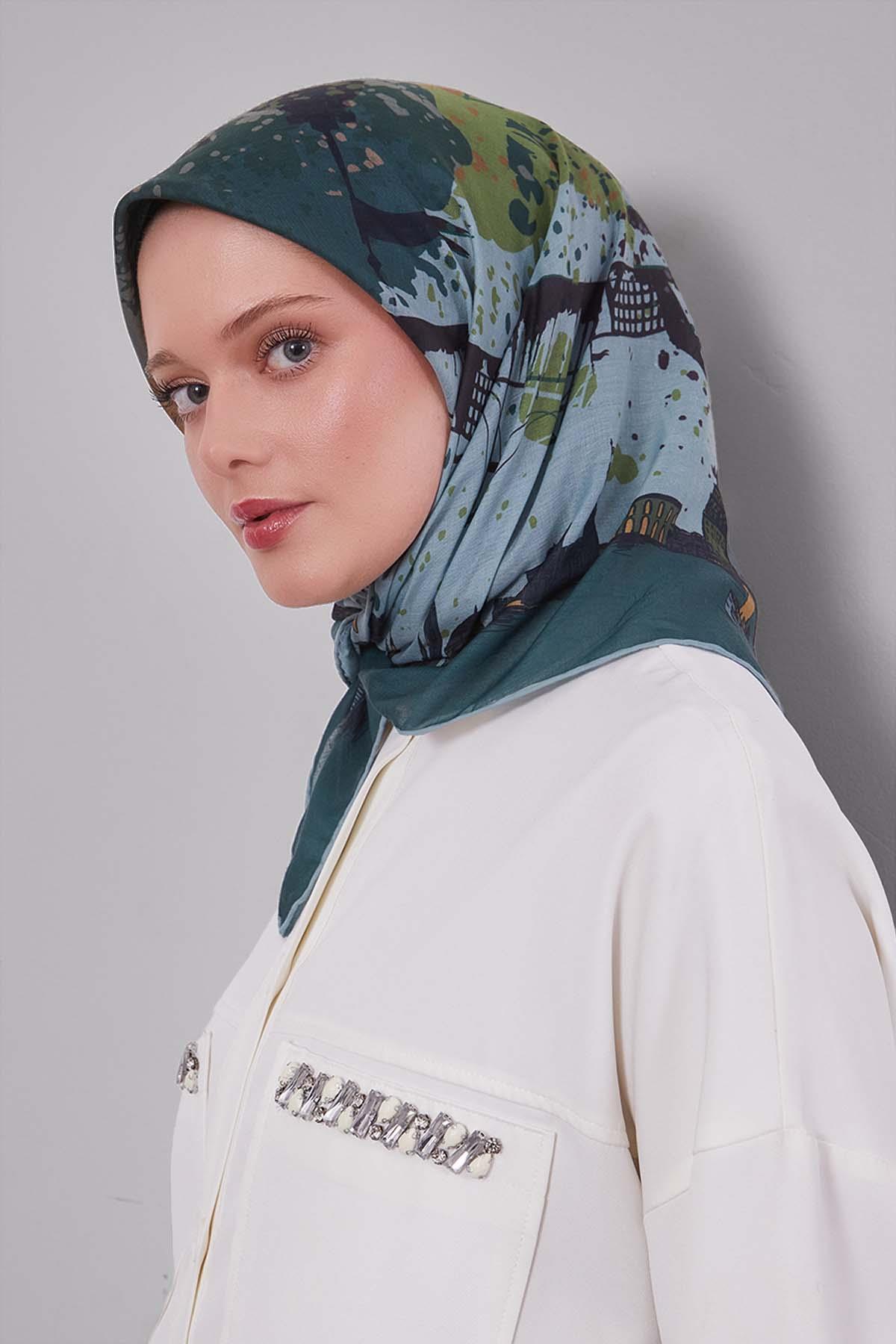 Fivescarf Yeşil Manzara Desen Silk Coton Eşarp