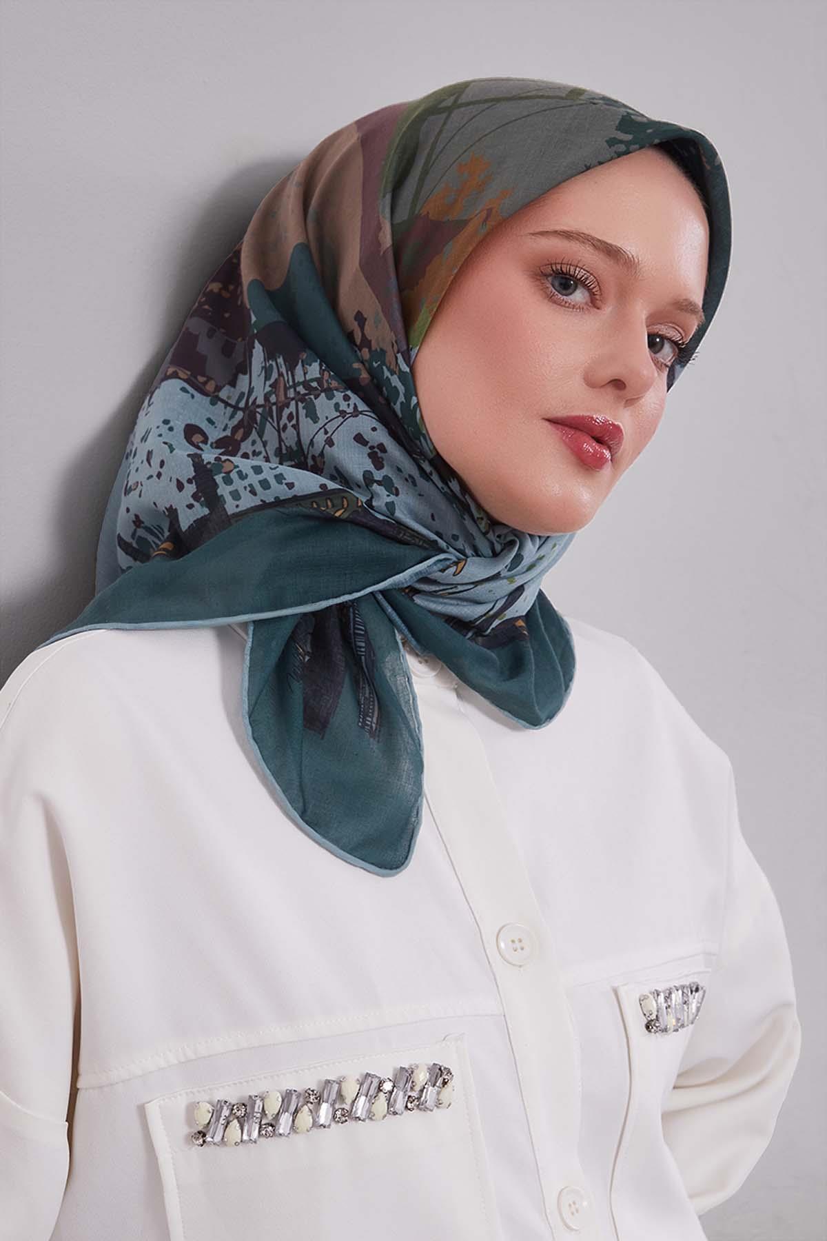 Fivescarf Yeşil Manzara Desen Silk Coton Eşarp