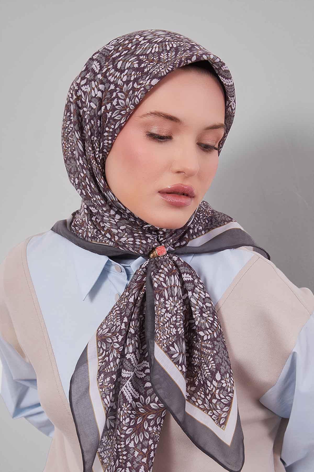Fivescarf Yeşil Mini Yaprak Desen Silk Coton Eşarp
