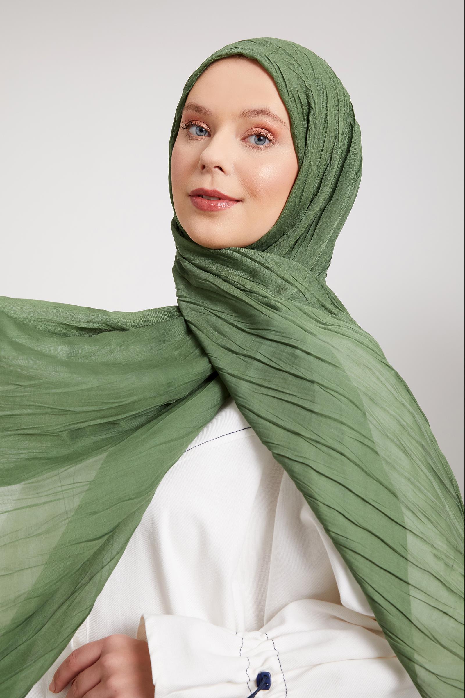 Fivescarf Yeşil Pliseli Pamuklu Şal