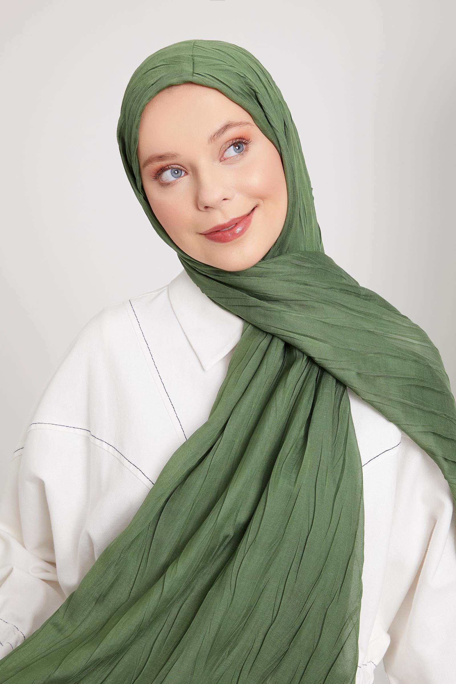 Fivescarf Yeşil Pliseli Pamuklu Şal