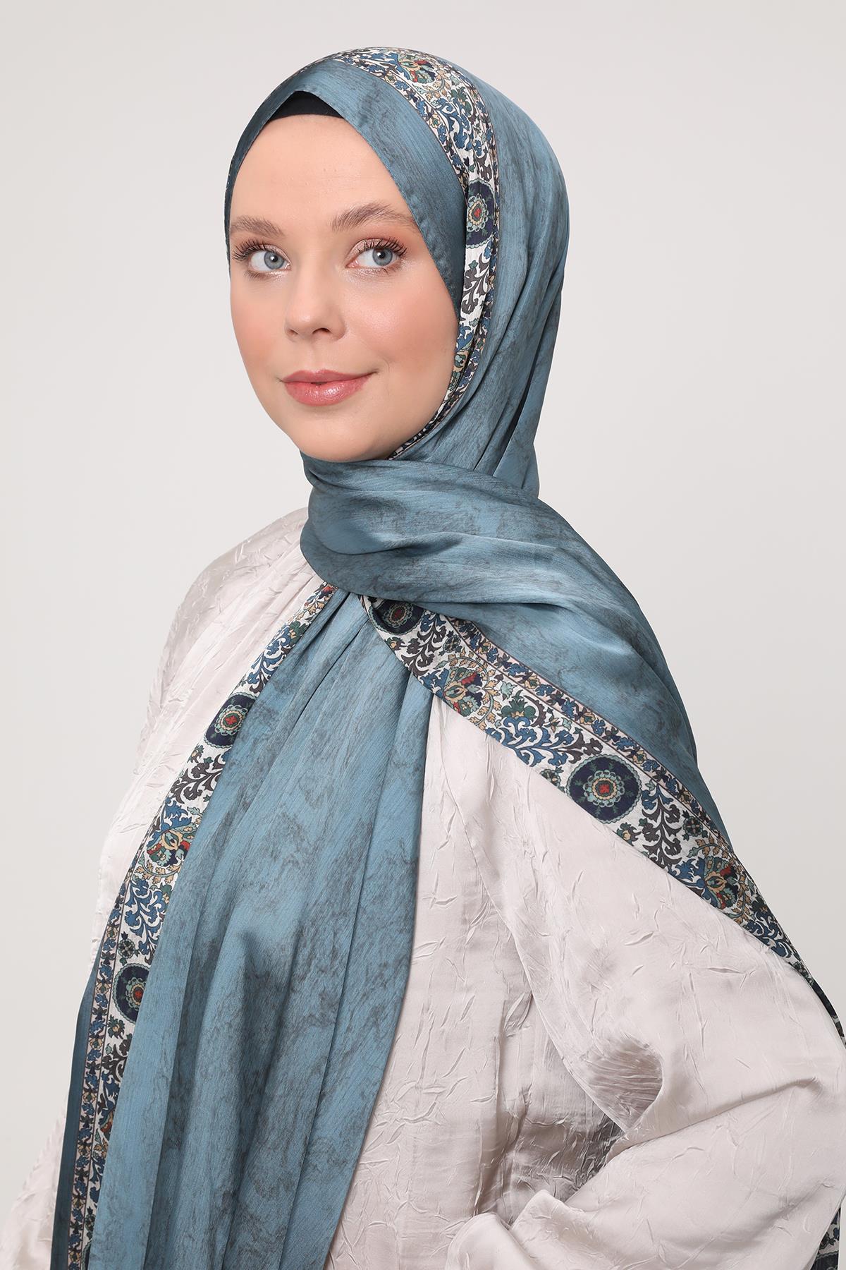 Fivescarf Yosun Yeşili Şeritli Etnik Desen Brand Şal