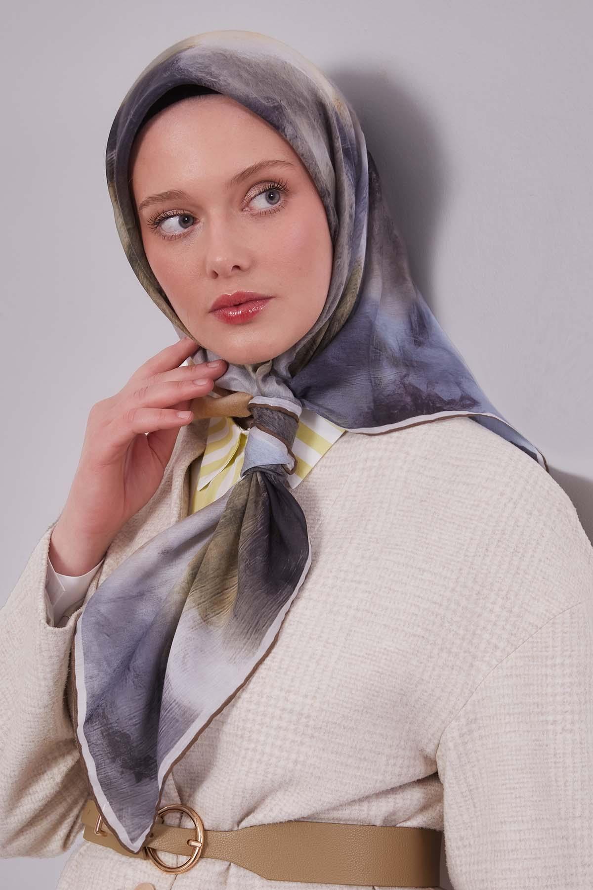 Fivescarf Zeytin Yeşili Lotus Çiçeği Silk Coton Eşarp