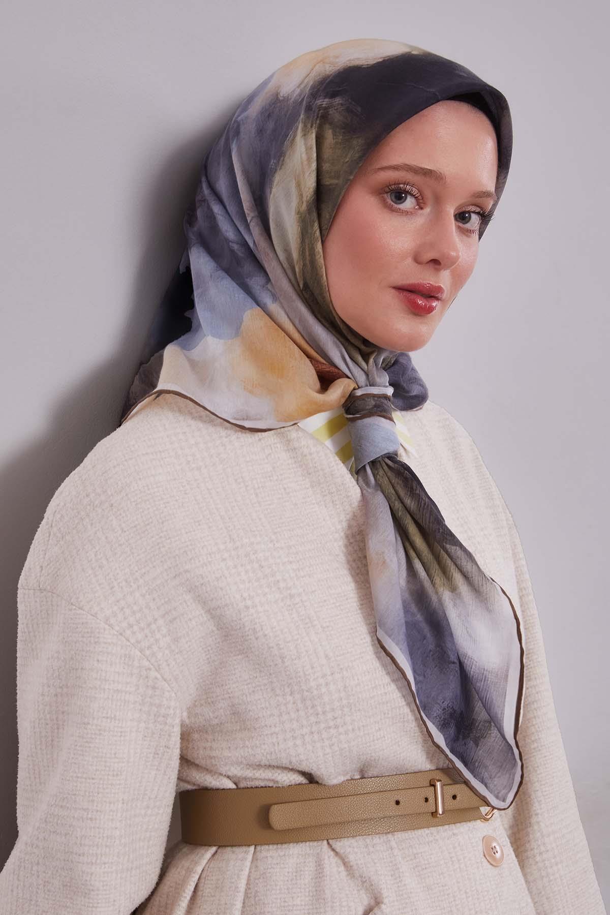 Fivescarf Zeytin Yeşili Lotus Çiçeği Silk Coton Eşarp
