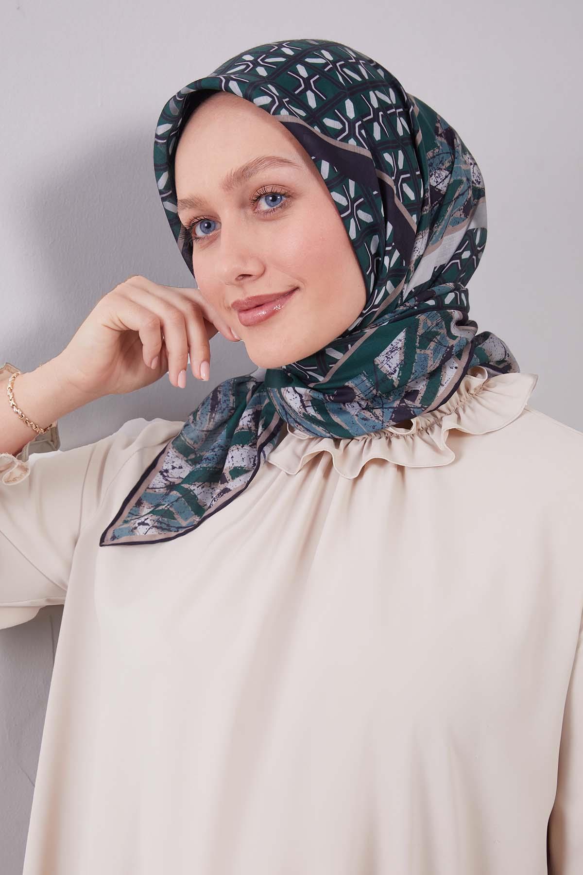 Fivescarf Zümrüt Geometri Desen Silk Cotton Eşarp