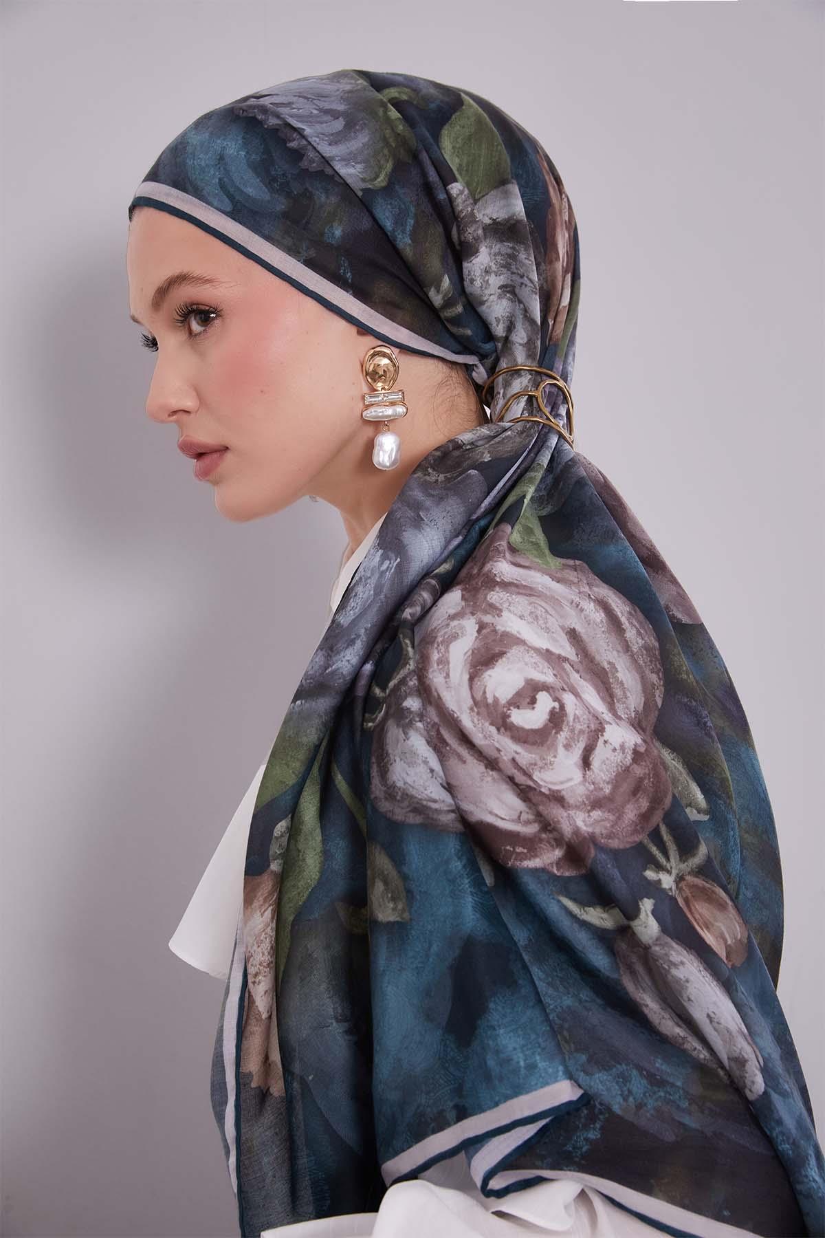 Fivescarf Zümrüt Lale Desen Silk Coton Eşarp