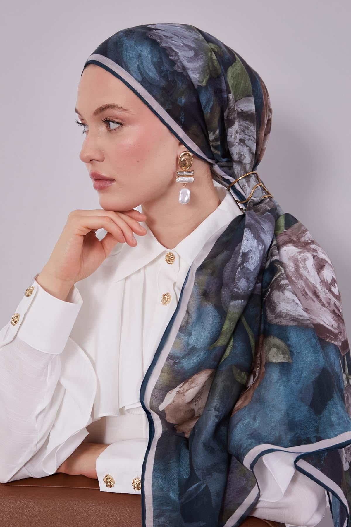 Fivescarf Zümrüt Lale Desen Silk Coton Eşarp