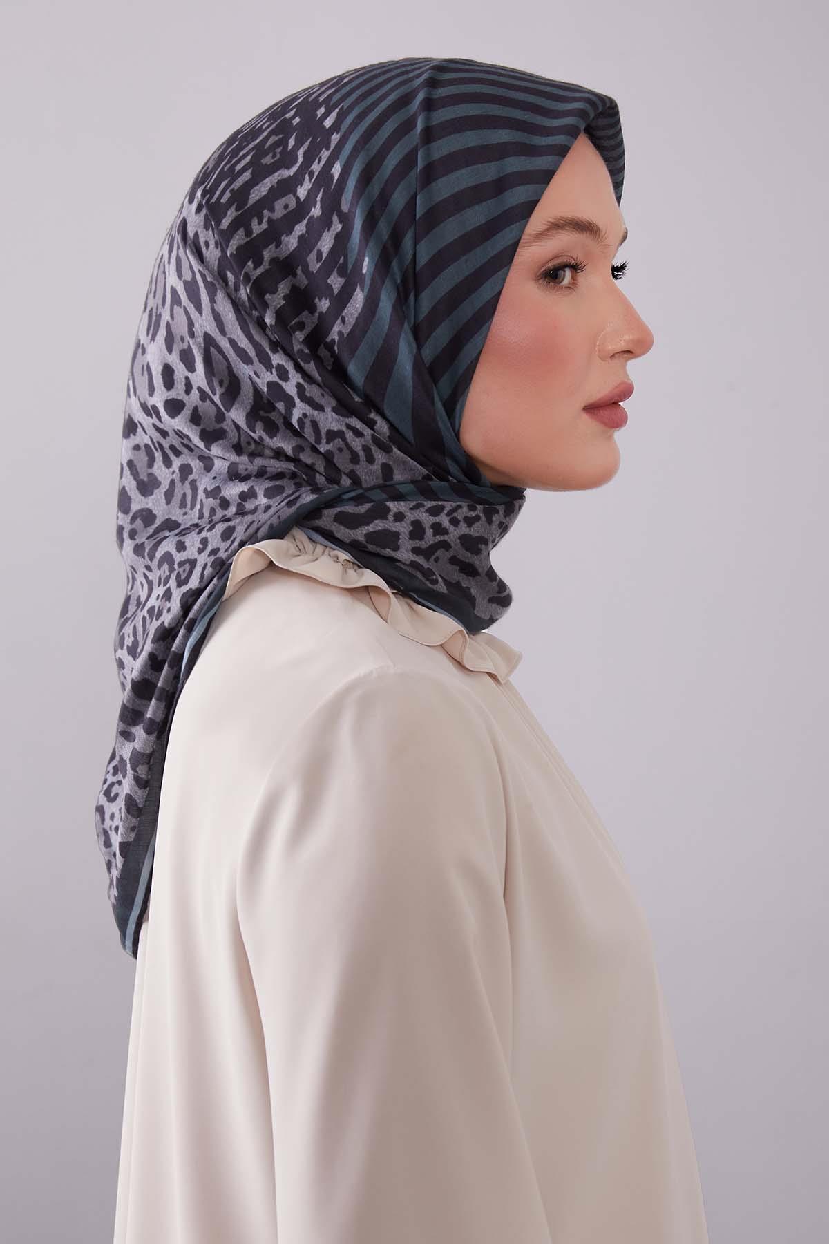 Fivescarf Zümrüt Leopar Desen Silk Coton Eşarp