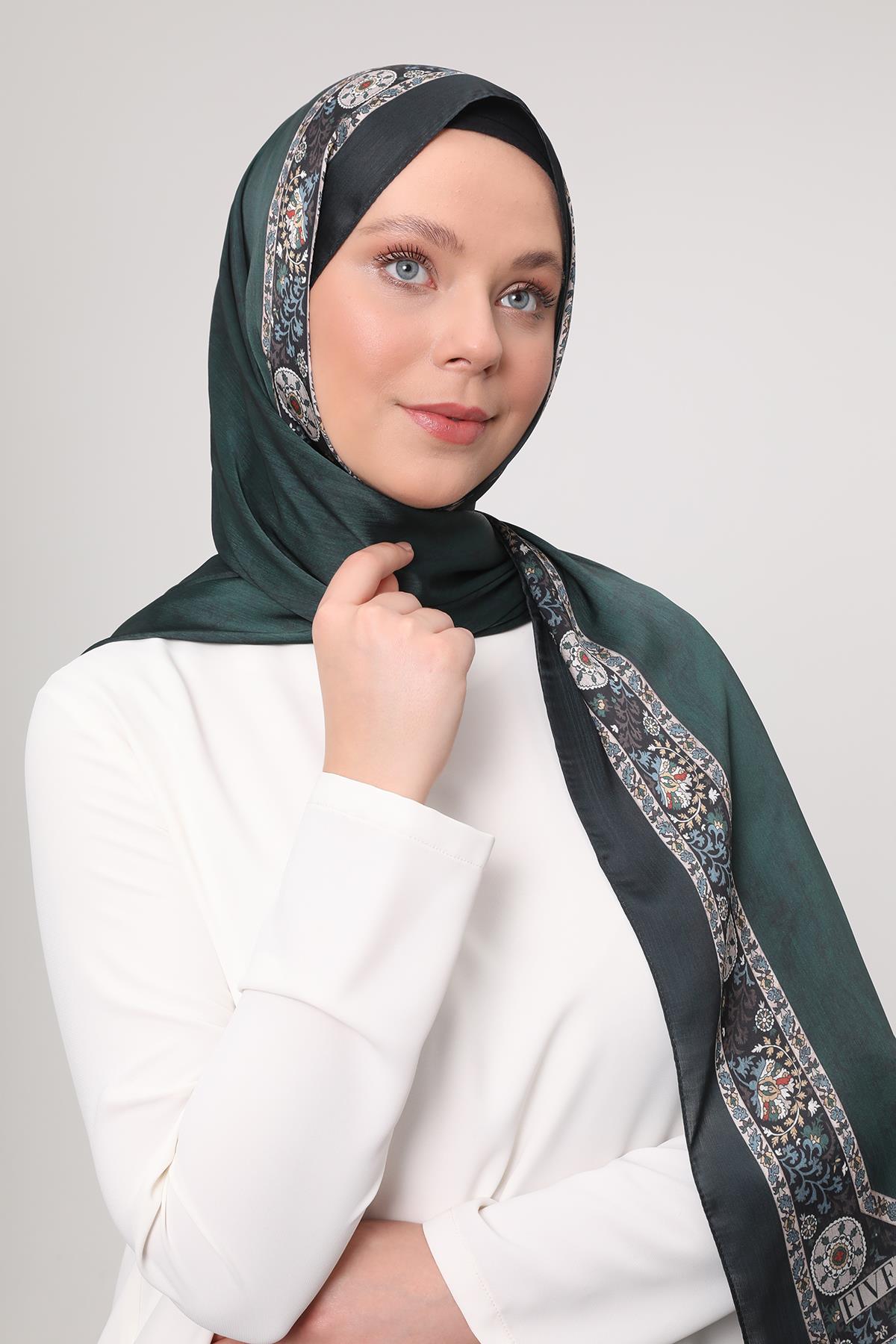 Fivescarf Zümrüt Şeritli Etnik Desen Brand Şal