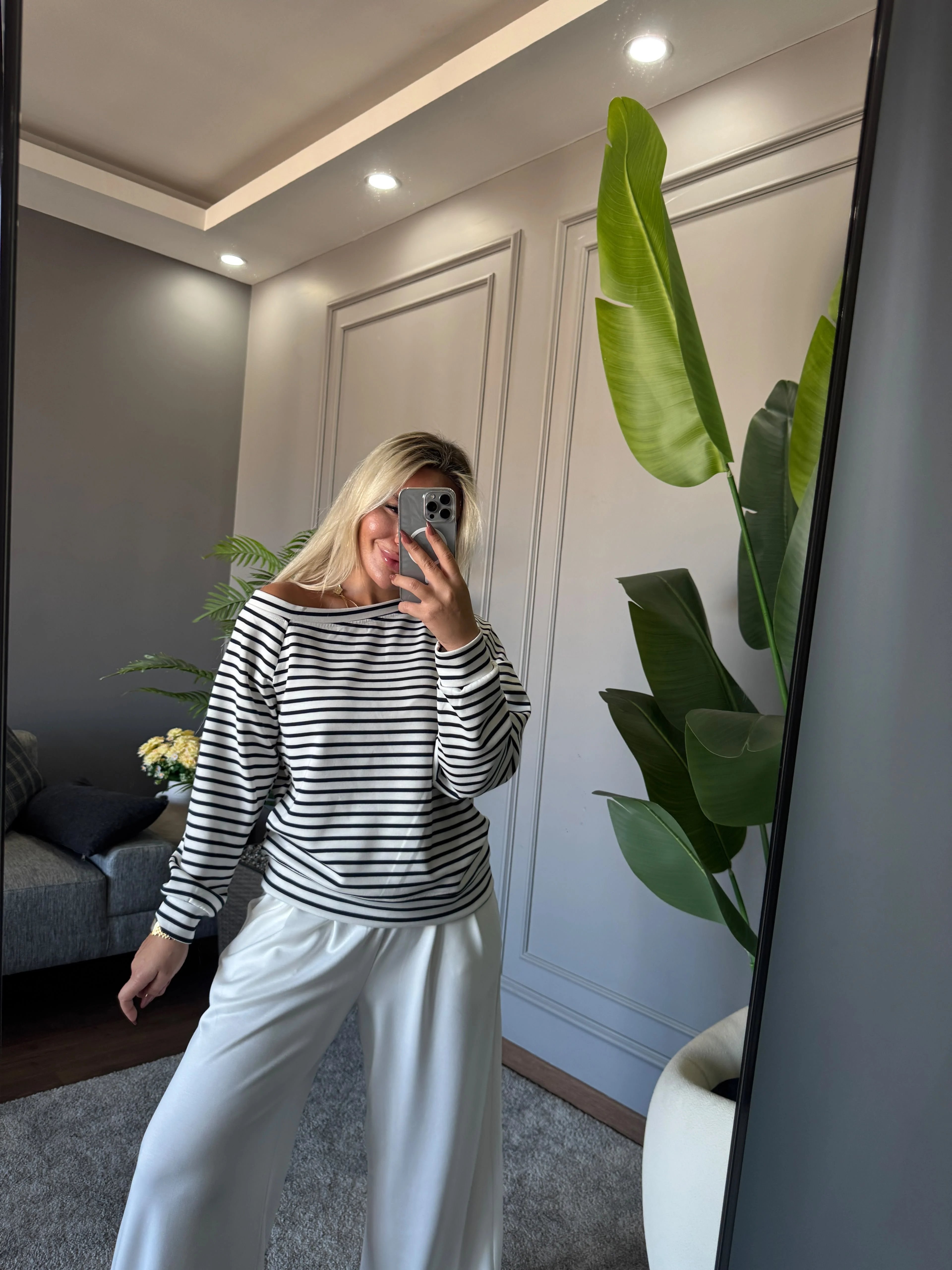 ÇİZGİLİ LACİVERT BLUZ