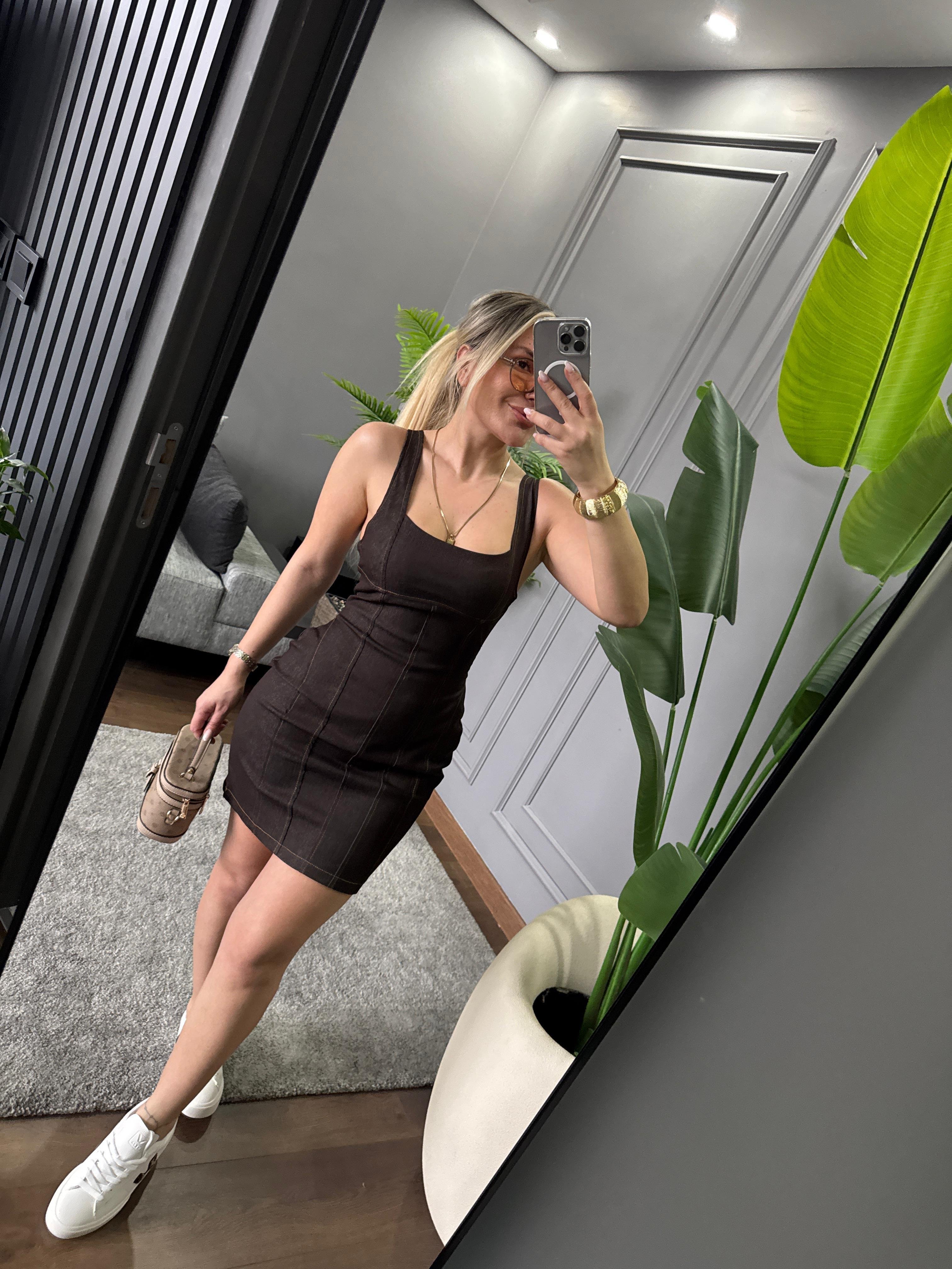 MİNİ ASKILI KOT ELBİSE