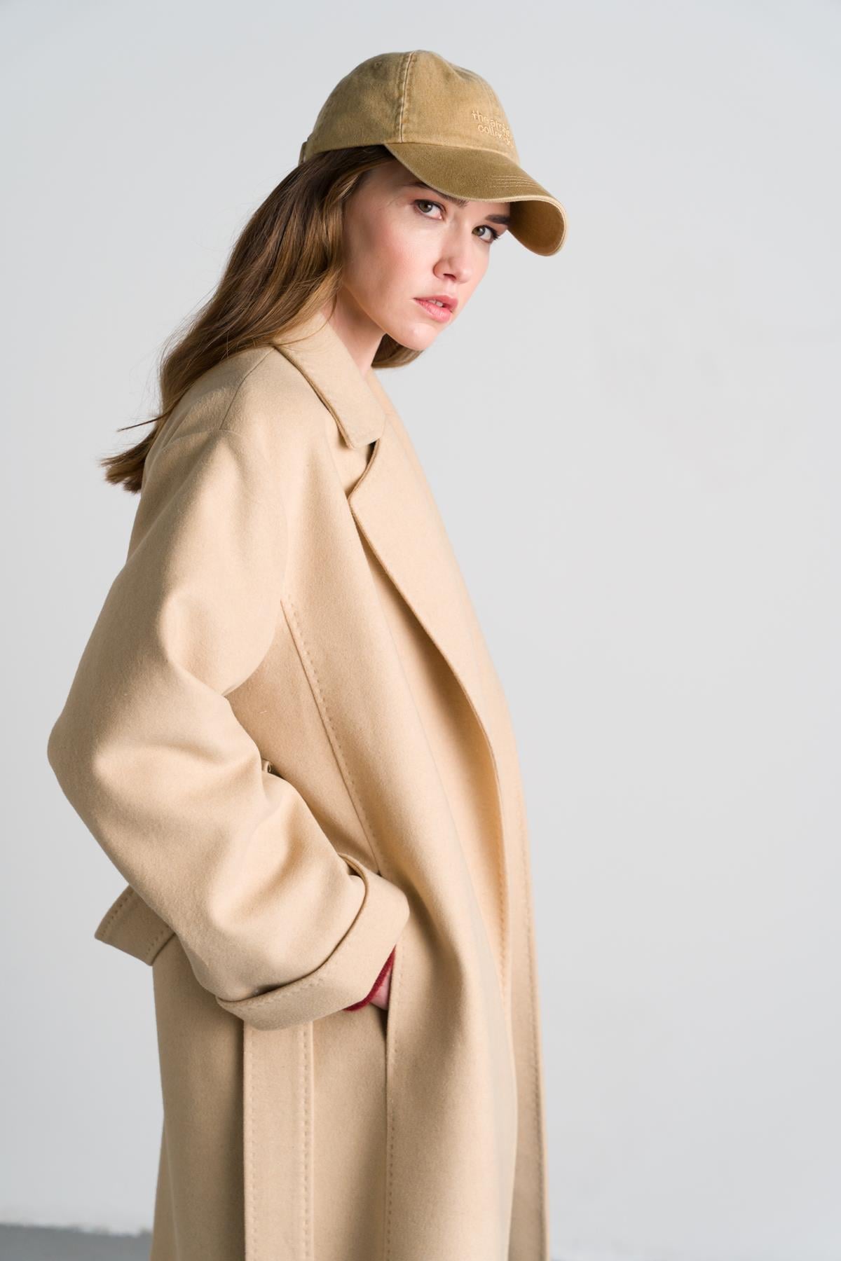 Taş Rengi Klasik Belden Bağlamalı Kaban