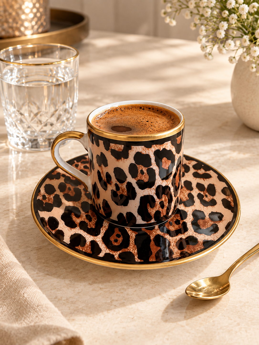 Bee Home & Dekor-2 Kişilik Porselen Leopar Kahve Fincanı