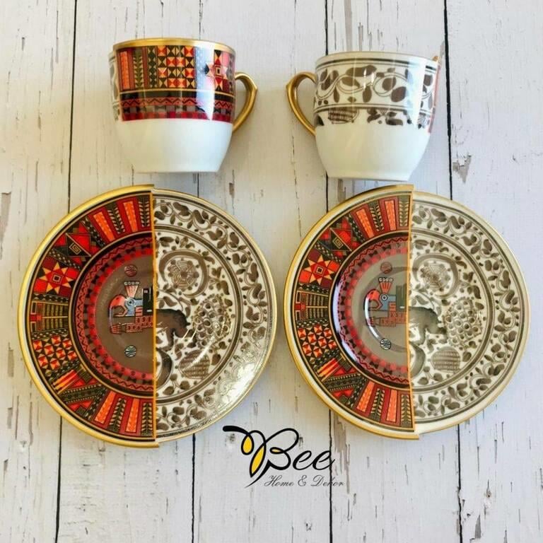 Bee Home & Dekor-İki Desenli Winston Serisi 2li Kahve Fincanı