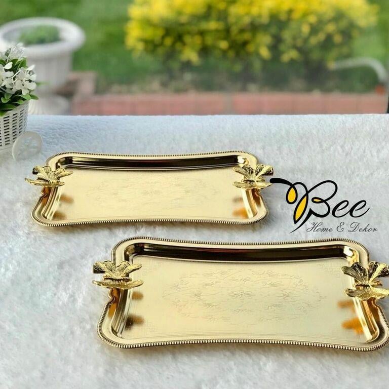 Bee Home & Dekor-Kahve Sunumluk Damat Ve Söz Tepsisi (Gold Kaplama)