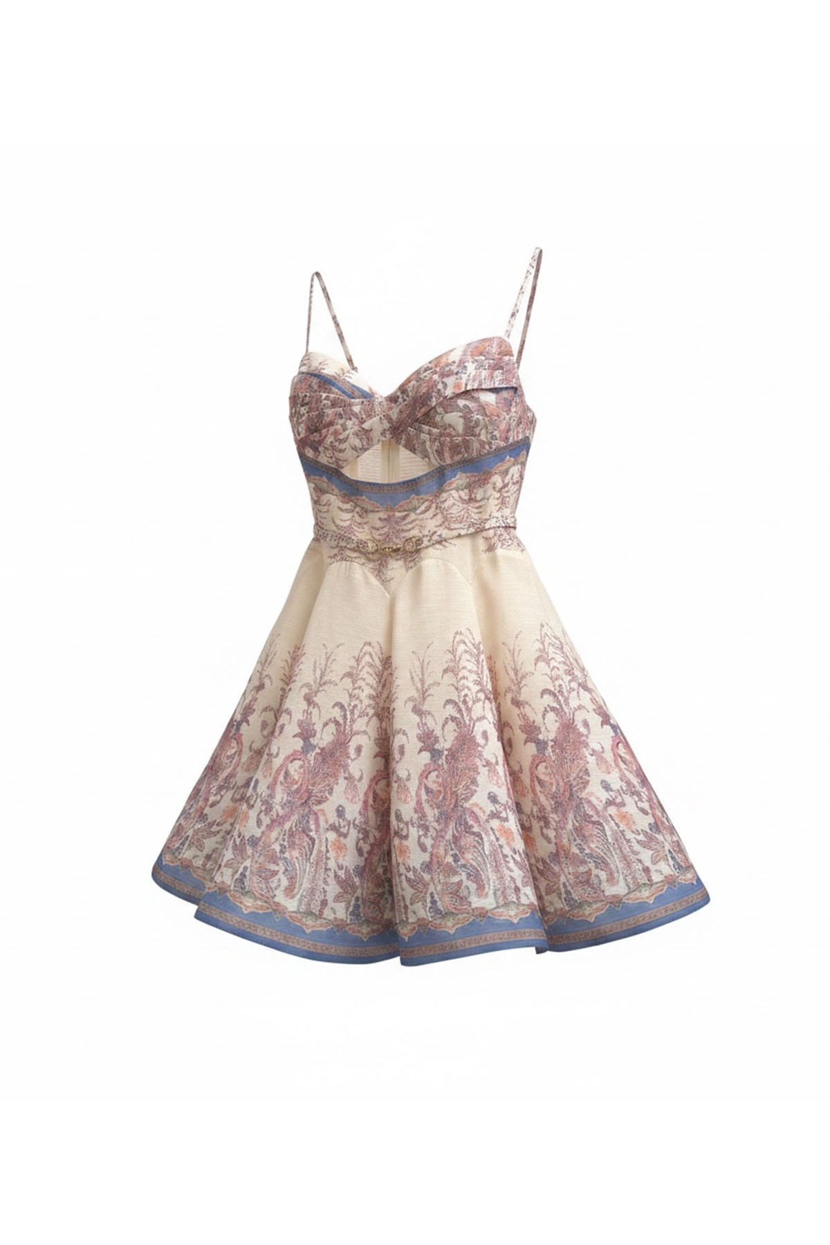 Bej Etro Desenli ve Pencere Detaylı Mini Elbise