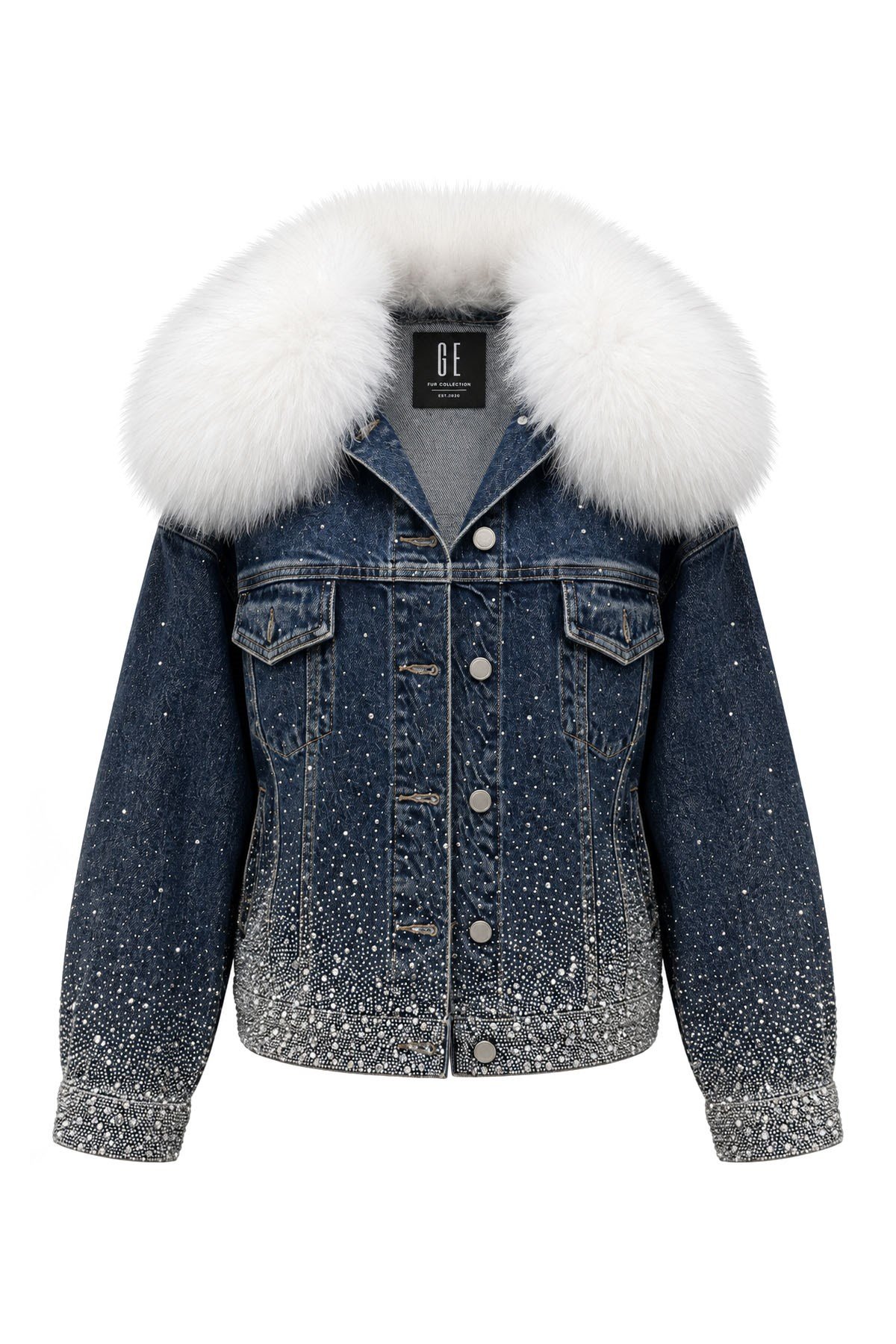 Beyaz Kürklü Komple Taşlı Denim