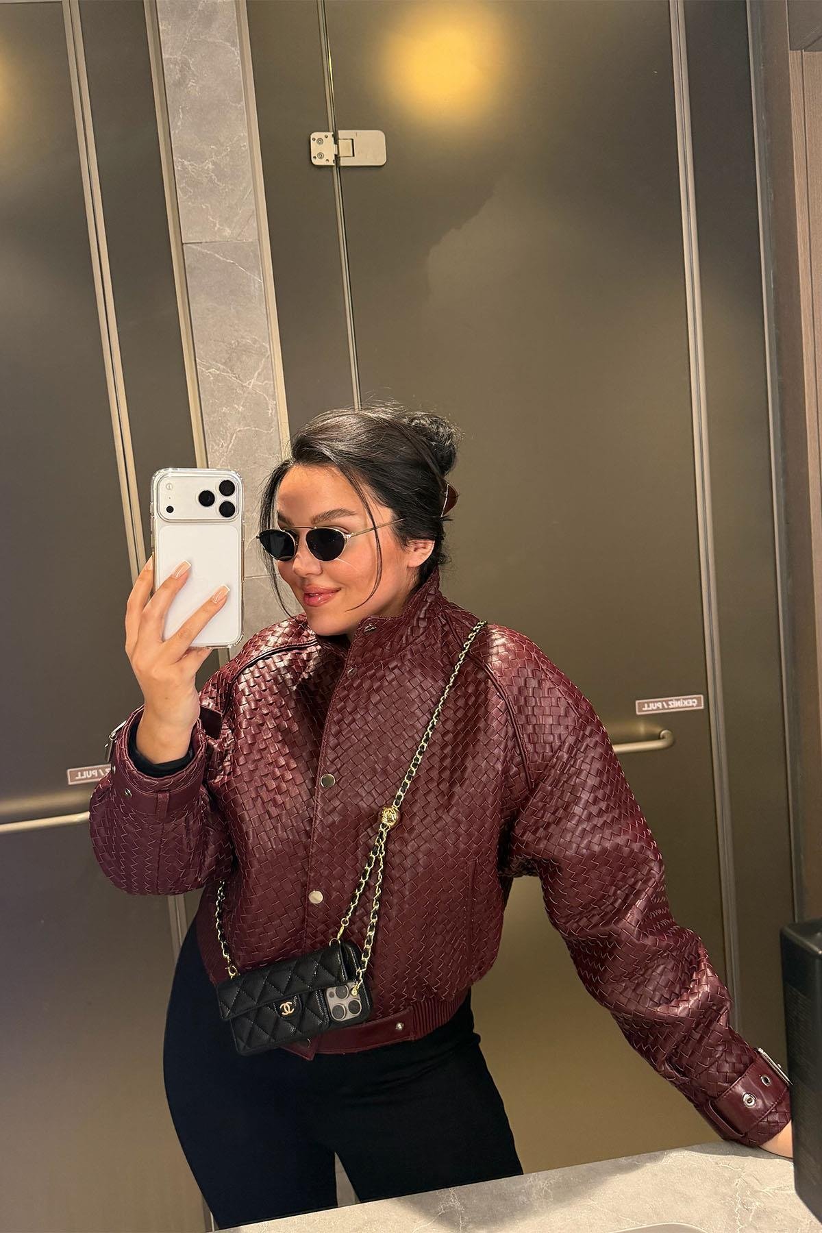 Bordo %100 Deri Bomber Ceket