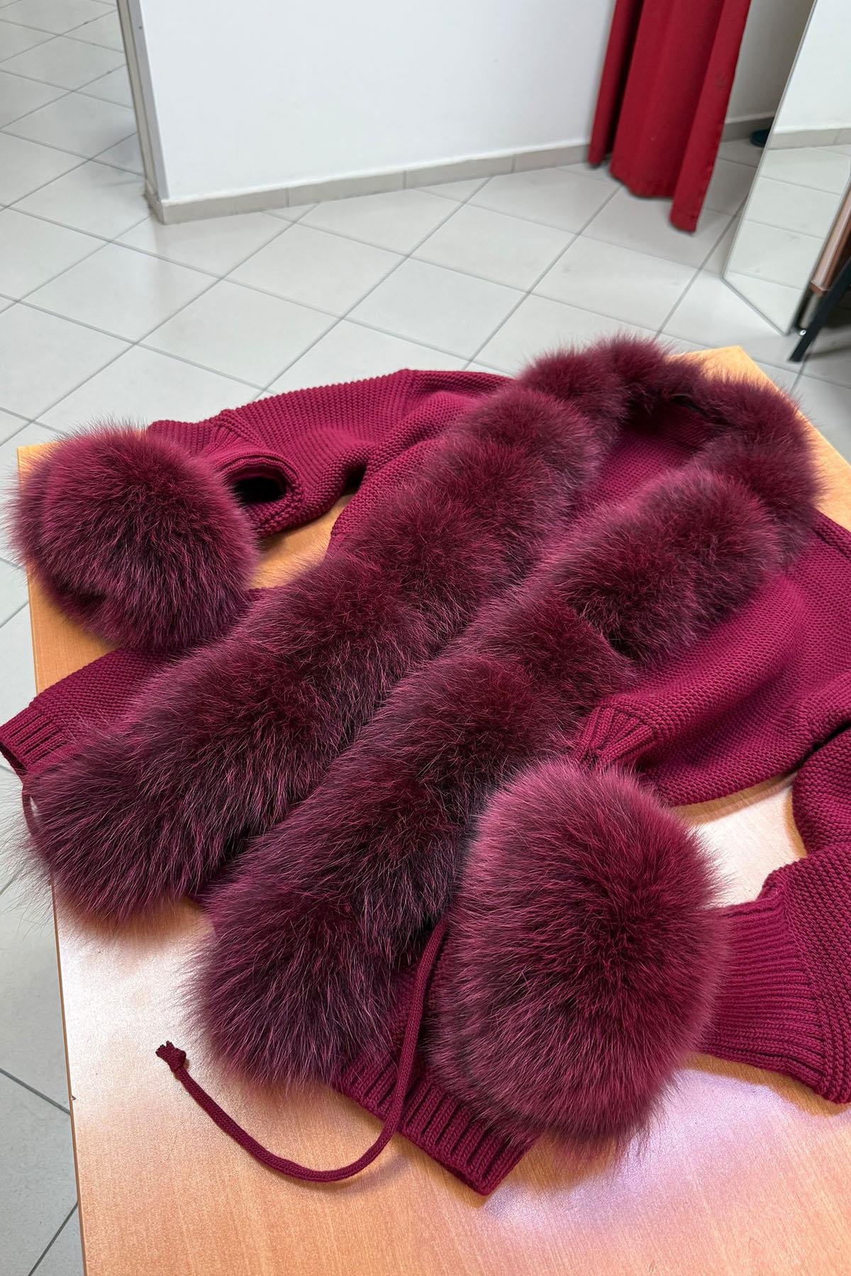 Bordo Kürklü Triko Hırka