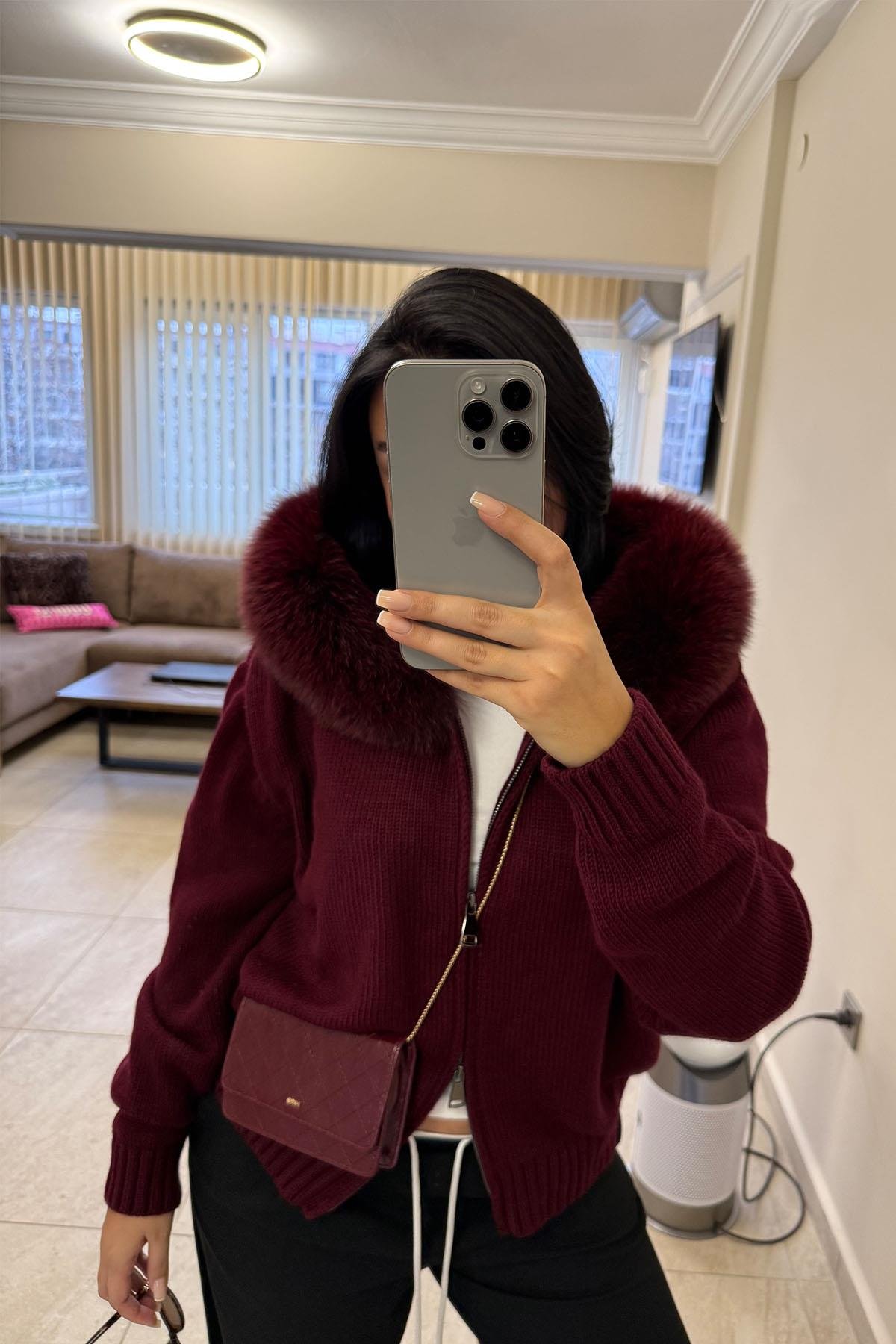 Bordo Kürklü Triko Hırka