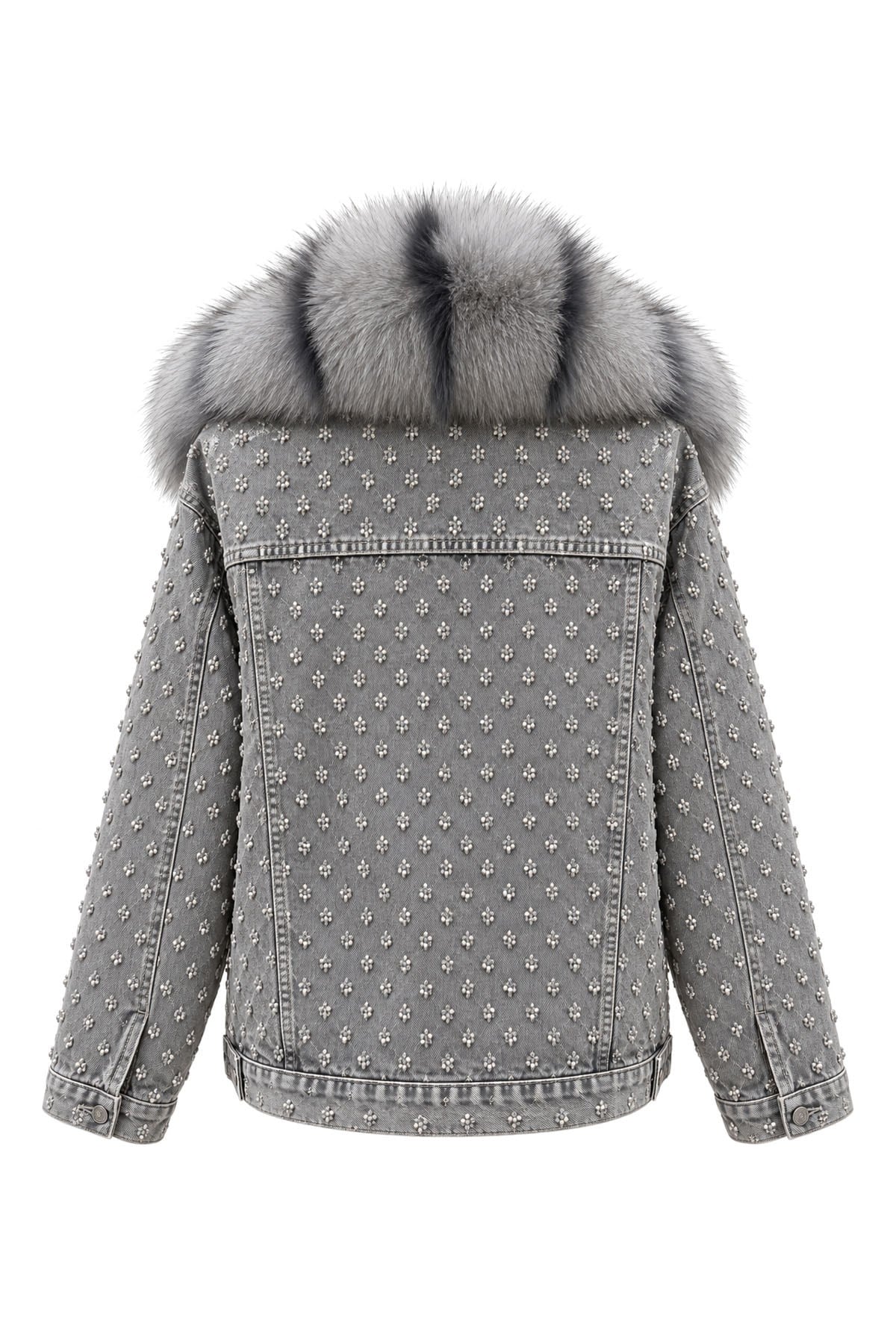Gri Komple Taşlı ve Yakası Kürklü Denim