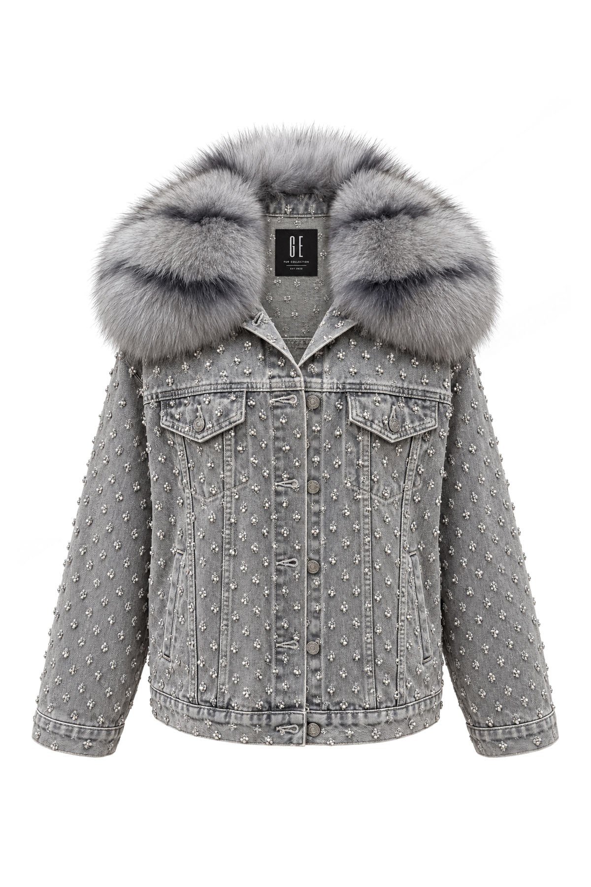 Gri Komple Taşlı ve Yakası Kürklü Denim
