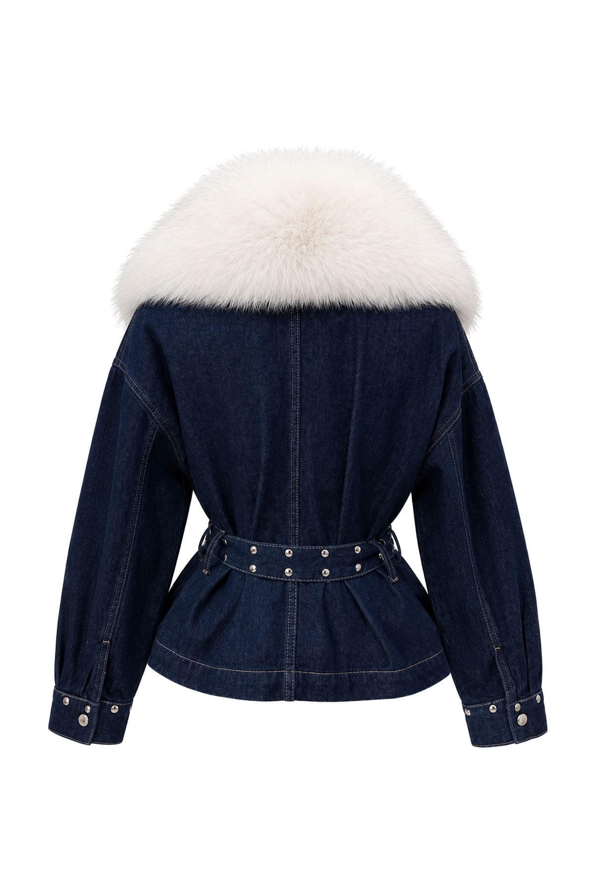 Gümüş Zımba Detaylı ve Beyaz Kürklü Denim