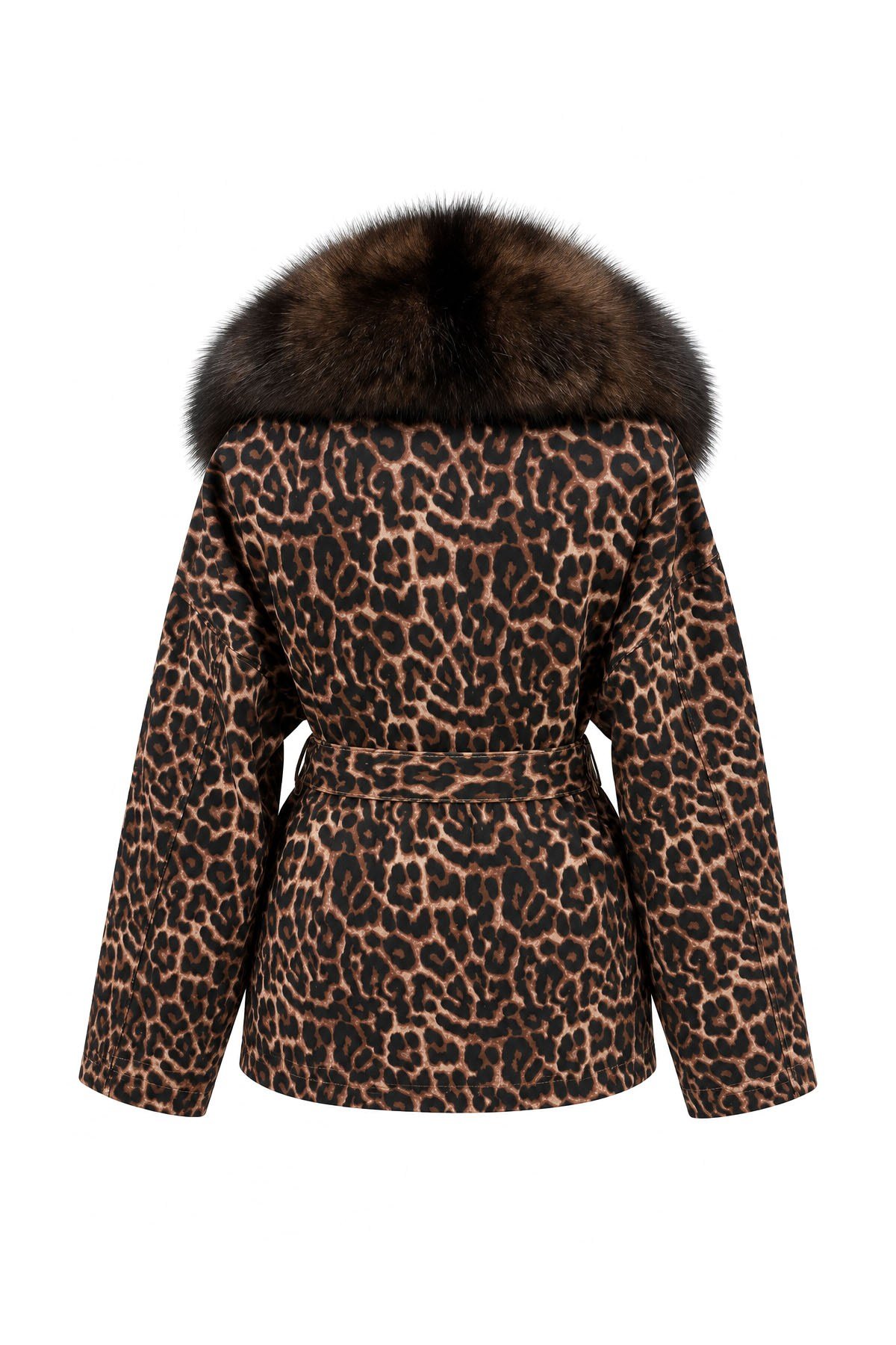 Kahve Kürklü ve Belden Kemerli Leopar Denim Ceket
