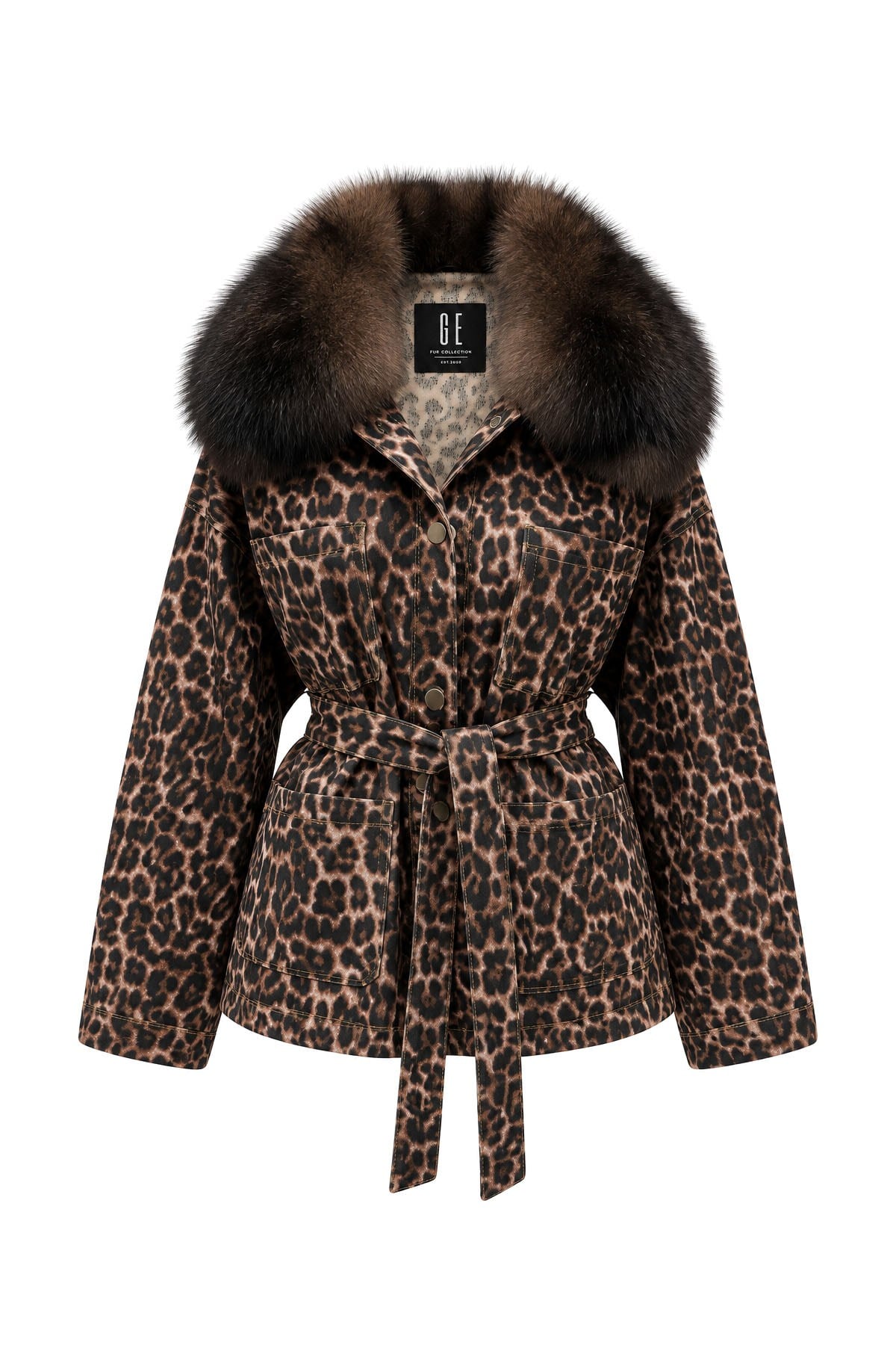 Kahve Kürklü ve Belden Kemerli Leopar Denim Ceket