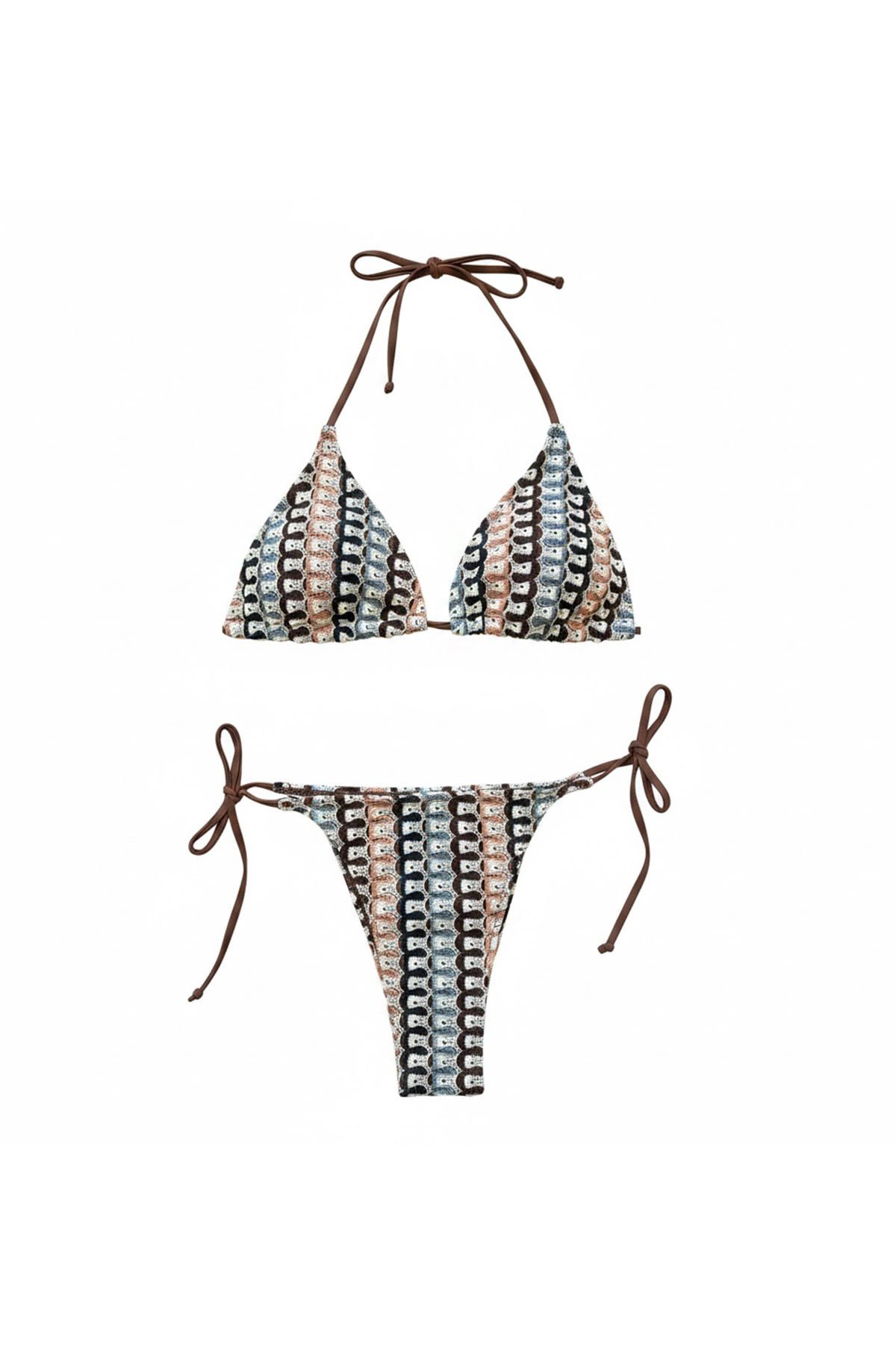 Kahve Rengi Örme Bikini Takımı ve Etek