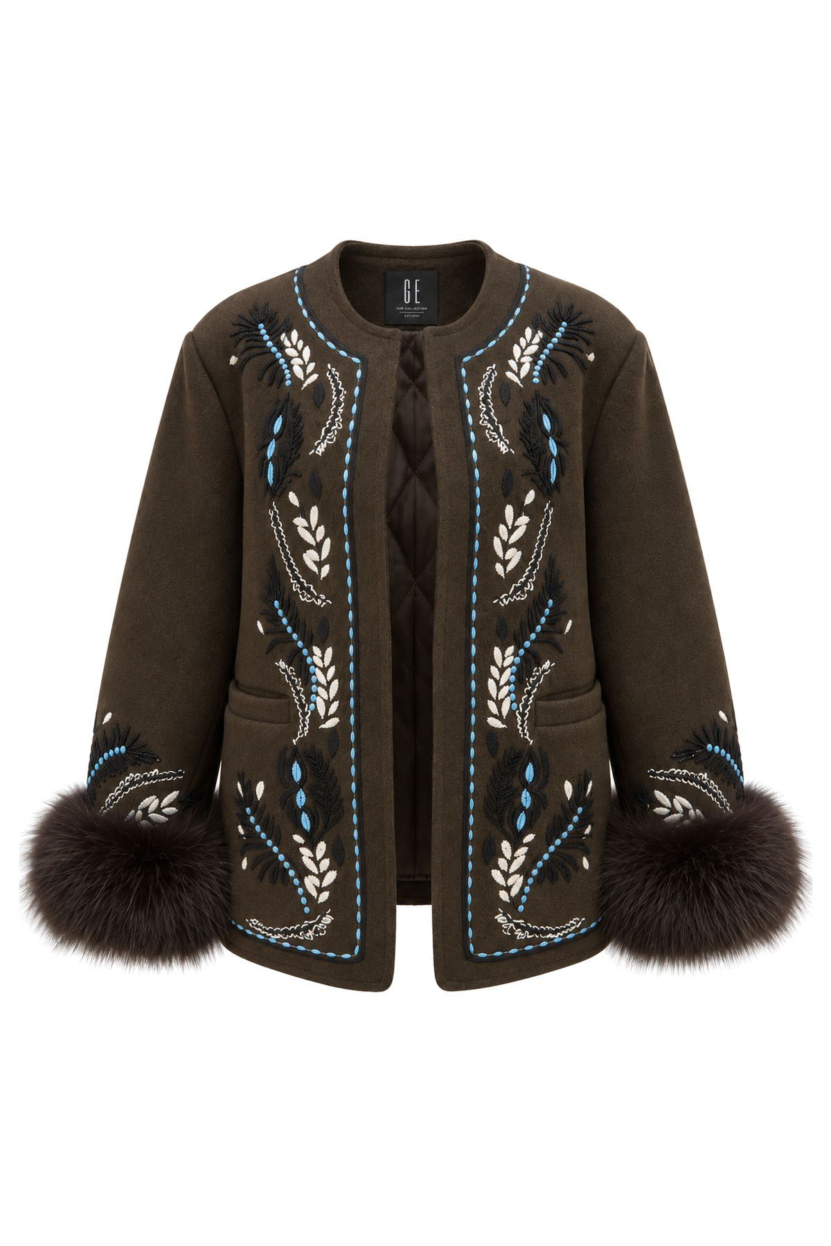 Kahverengi İşleme Detaylı ve Kürklü Yün Blazer