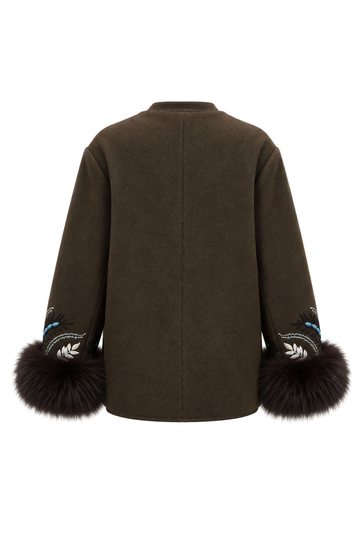Kahverengi İşleme Detaylı ve Kürklü Yün Blazer