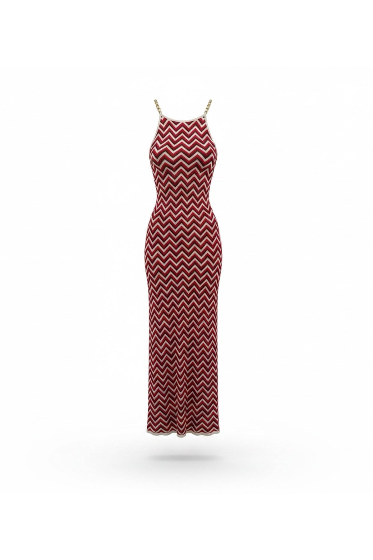 Kırmızı/Bordo Zig Zag Çizgili Triko Elbise