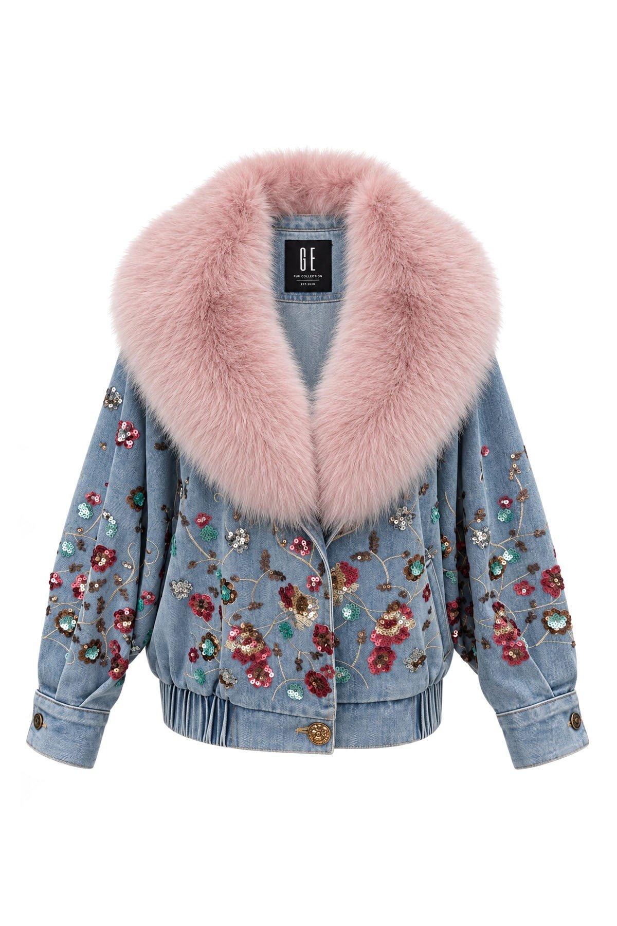 Pudra Kürklü ve Payetli Yarasa Kol Denim Ceket