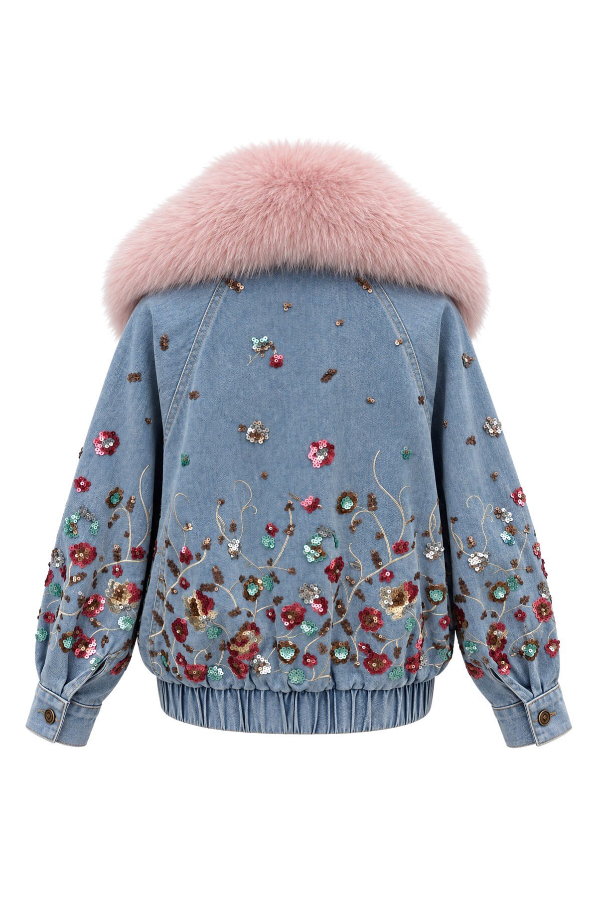 Pudra Kürklü ve Payetli Yarasa Kol Denim Ceket