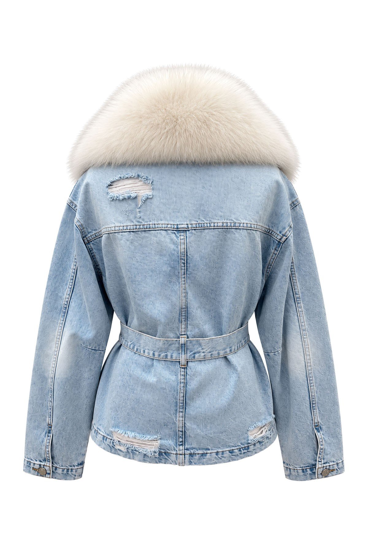 Yakası Kürklü ve Belden Kemerli Denim Ceket
