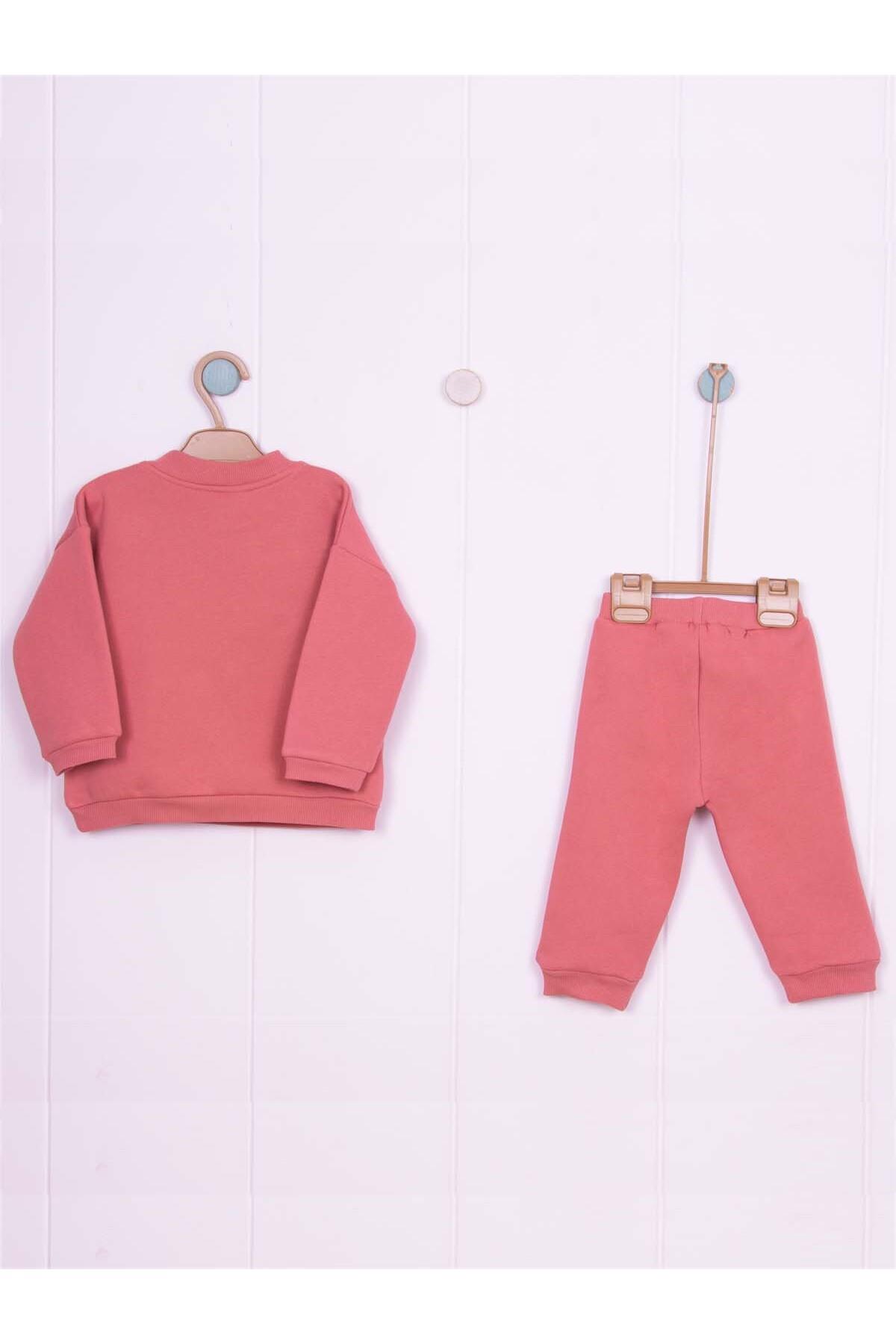 Asimetrik Cep Detaylı 3 iplik İkili Pembe Bebe  takımı