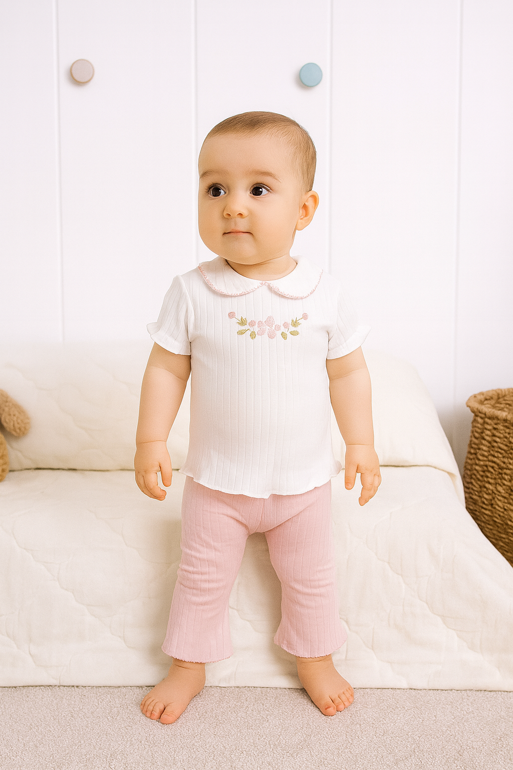 BEBE YAKA ÇİÇEK NAKIŞLI TİŞÖRT PANTOLON TAKIM 3-6/6-9/9-12/18-24AY