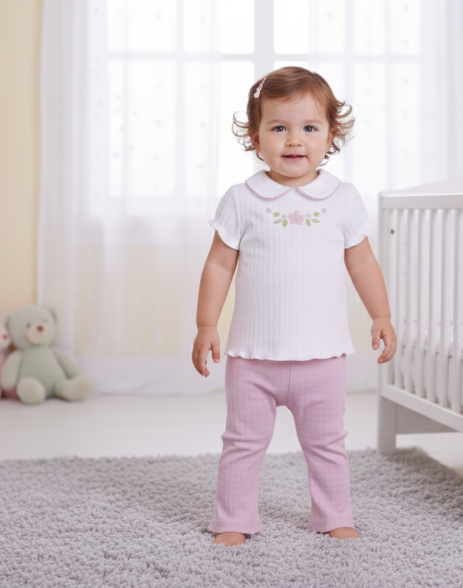 BEBE YAKA ÇİÇEK NAKIŞLI TİŞÖRT PANTOLON TAKIM 3-6/6-9/9-12/18-24AY