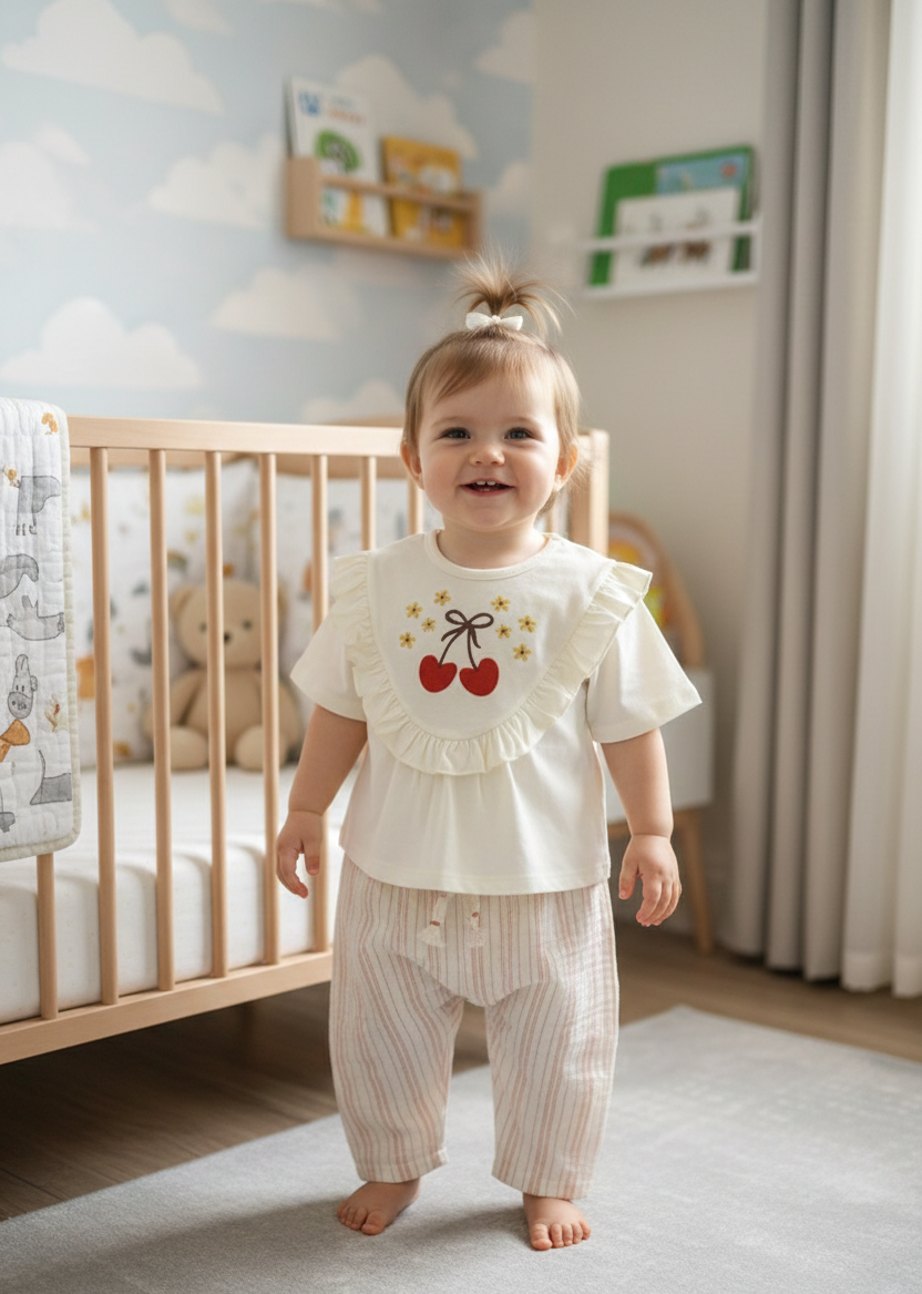 ÇİZGİLİ MÜSLİN KIZ TİŞÖRT PANTOLON TAKIM  6-9/9-12/18-24/24-36AY