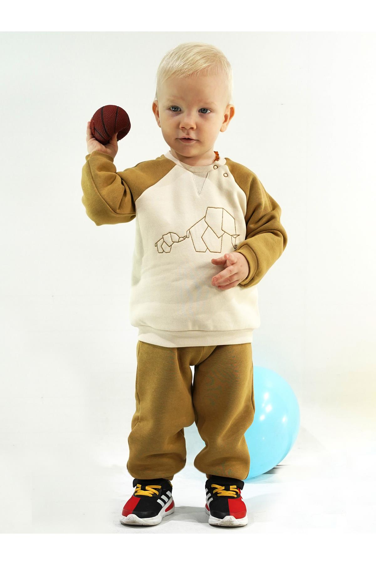 Nakış Fil Detaylı 3 İplik İkili Bebe Takımı