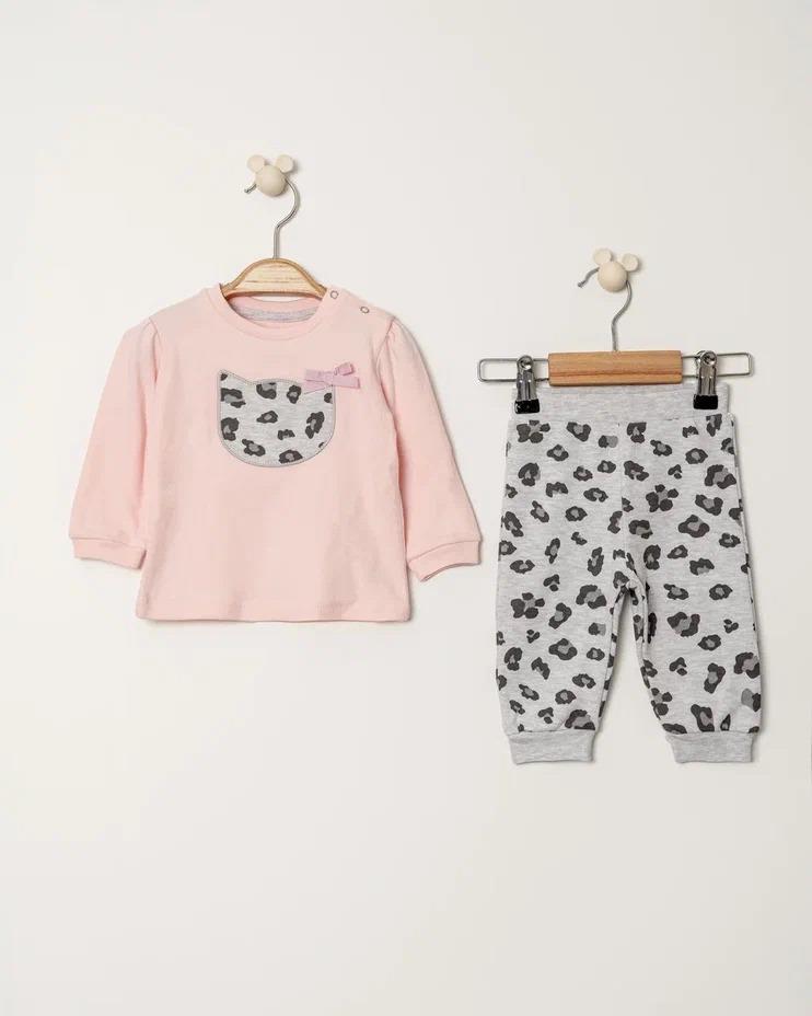 Pamuklu Nakışlı Sweat Patiksiz Alt 2li Pembe  Bebe Takım